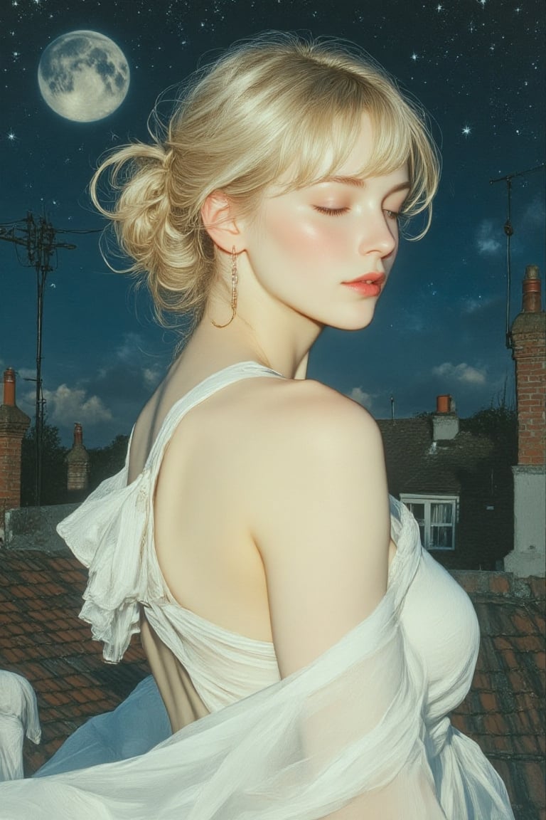 Illustration in 4K HDR. Impressionism. Degas style. A woman,  light blonde hair in an elegant pageboy cut,  lavender eyes...