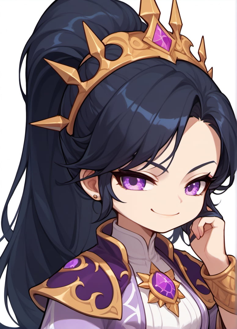 score_9, score_8_up, score_7_up, masterpiece,original,upper body,portrait,(white background,blank white background:1.1),1girl,solo,black hair, ponytail, long hair, Purple clothes,centre parting,maplestory style,Li-mingDG,hand in own hair,smug,