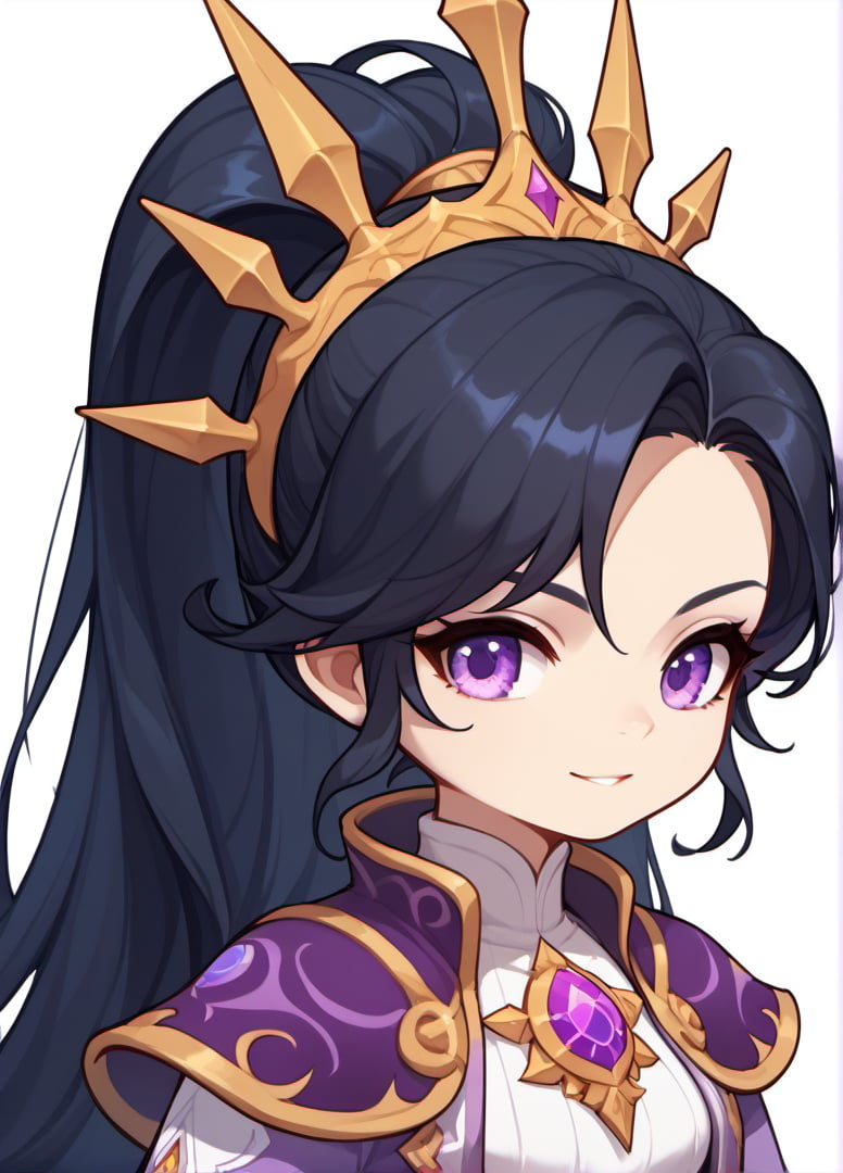 score_9, score_8_up, score_7_up, masterpiece,original,upper body,portrait,(white background,blank white background:1.1),1girl,solo,black hair, ponytail, long hair, Purple clothes,centre parting,maplestory style,Li-mingDG,