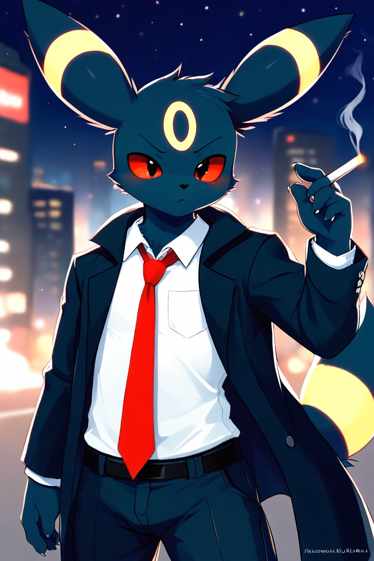 1boy, solo, solo_focus, furry_male,, eeveelution, umbreon, black_fur, yellow_marking, yellow_markings, red_eyes, clothed, black_pants, white_shirt, black_coat, neck_tie, red_necktie, outdoor, outdoors, outside, night, holding_object, cigarette, cityscape, city,