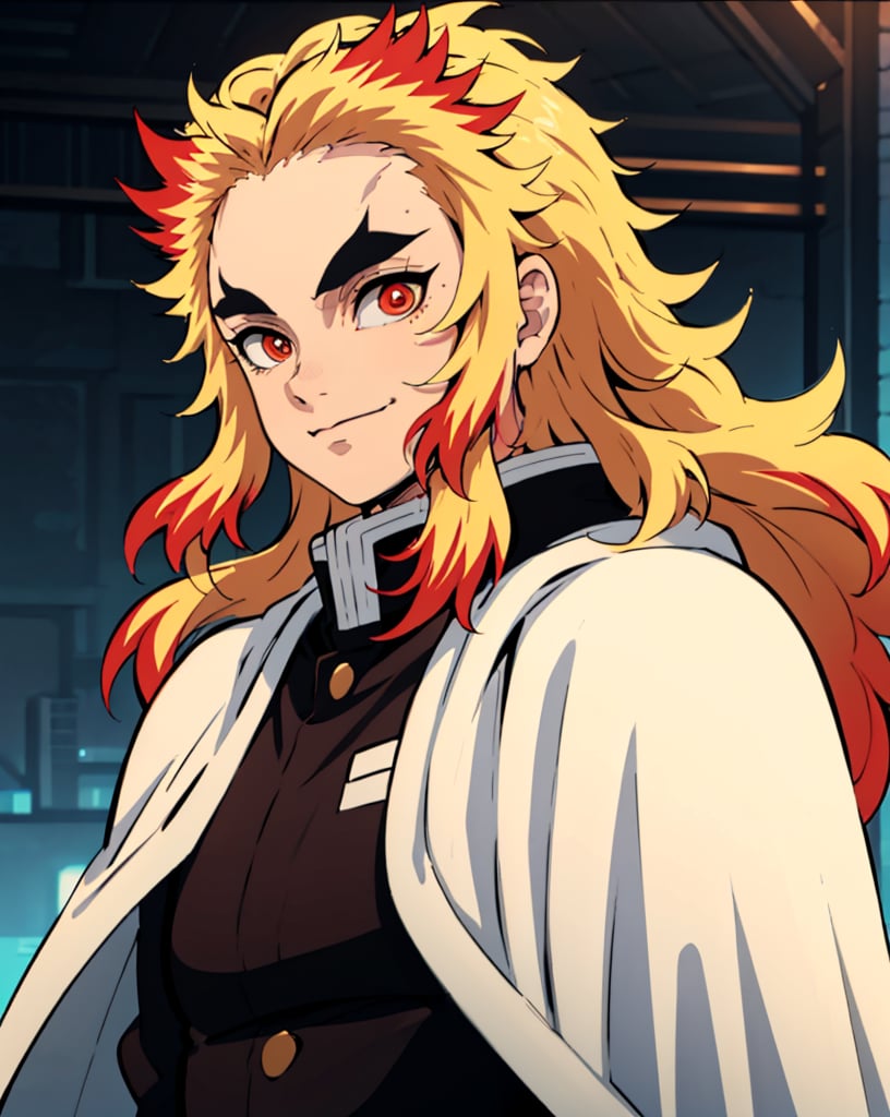 solo, long hair, looking at viewer, smile, blonde hair, red eyes, 1boy, closed mouth, jacket, upper body, weapon, male focus, red hair, multicolored hair, sword, cape, orange hair, two-tone hair, black jacket, thick eyebrows, white cape, demon slayer uniform, forked eyebrows, rengoku kyoujurou