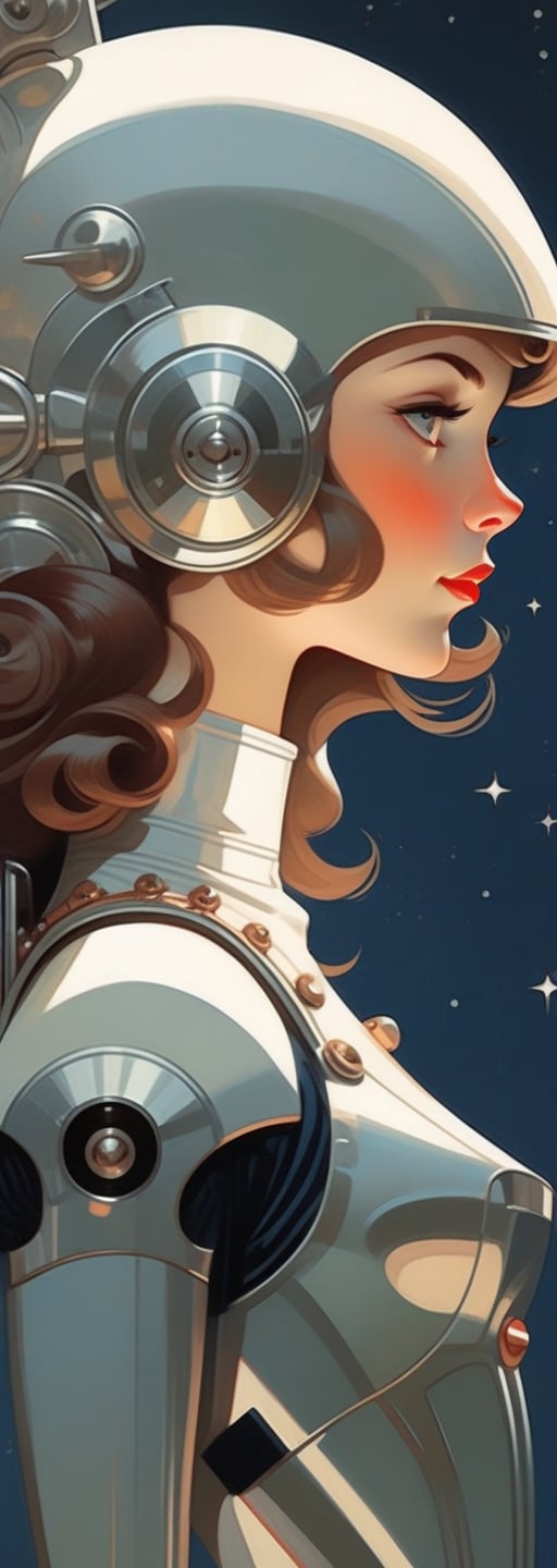 (by Loish, Leyendecker, james gilleard), sideview, perfect anatomy, 1920s pinup girl, cute face, long hair, retro space theme, silver, rivets, blaster pistols, more detail XL