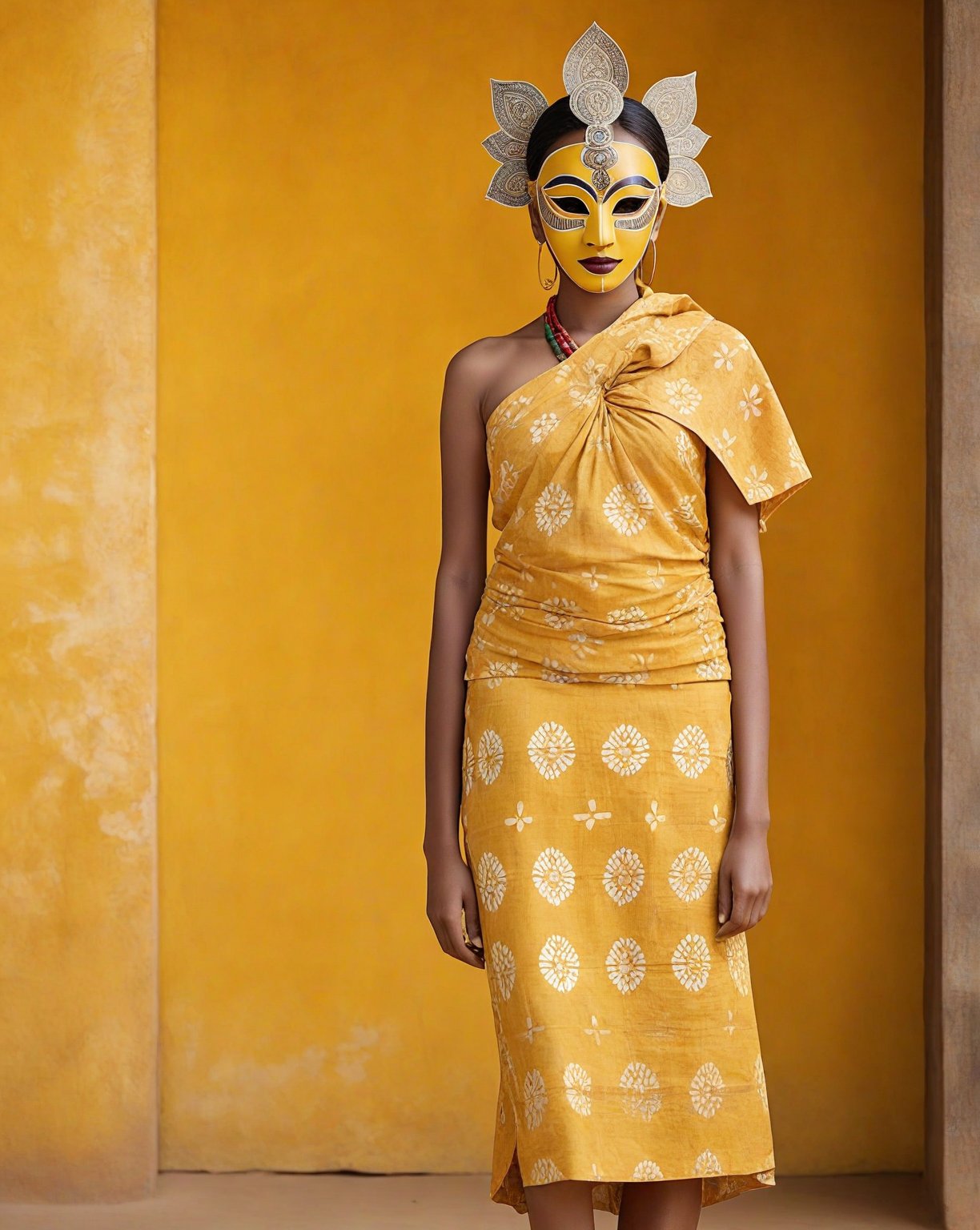 large format photo of a girl with srikandi mask, (wearing batik) with minimalism style, full body, yellow minimalism background, hard light, (candid, : 1.2), Aaton LTR with a 50mm lens, in style of Martin Schoeller