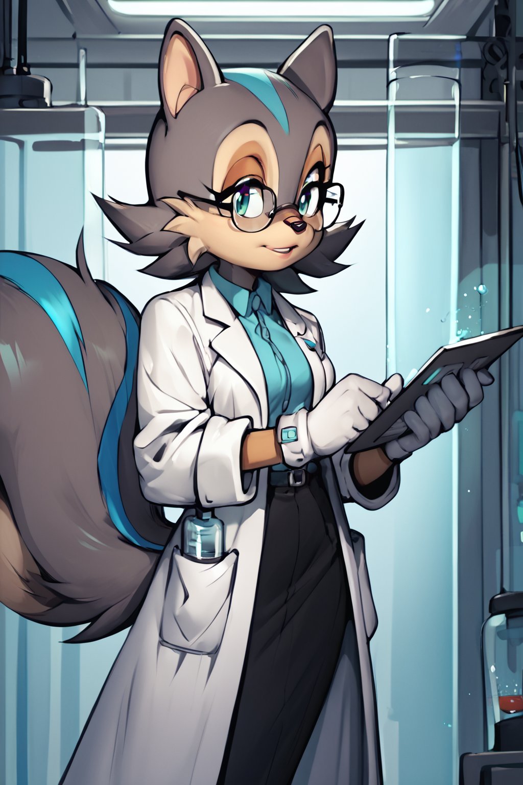 score_9, score_8_up, score_7_up, score_6_up, score_5_up, score_4_up, 1girl, anthro, squirrel girl (((grey fur with blue stripe, glasses, lab coat, white gloves))), tech lab, yuji uekawa