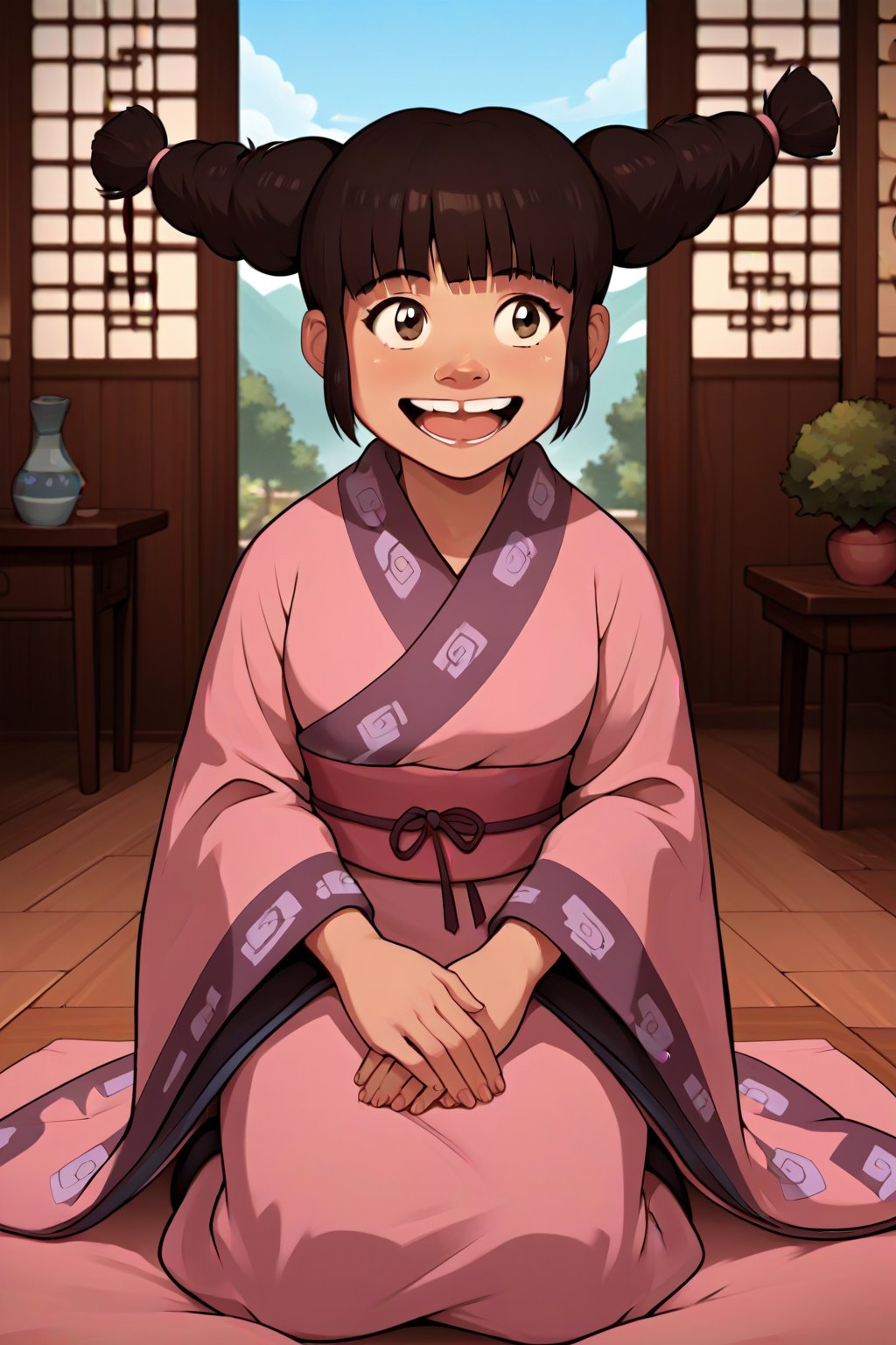 score_9, score_8_up, score_7_up, score_6_up, score_5_up, score_4_up,source_anime, 1girl,petite,Meng,buck teeth,happy,beige_skin,brown_eyes,kimono,sash,kneeling,1girl,Meng,masterpiece