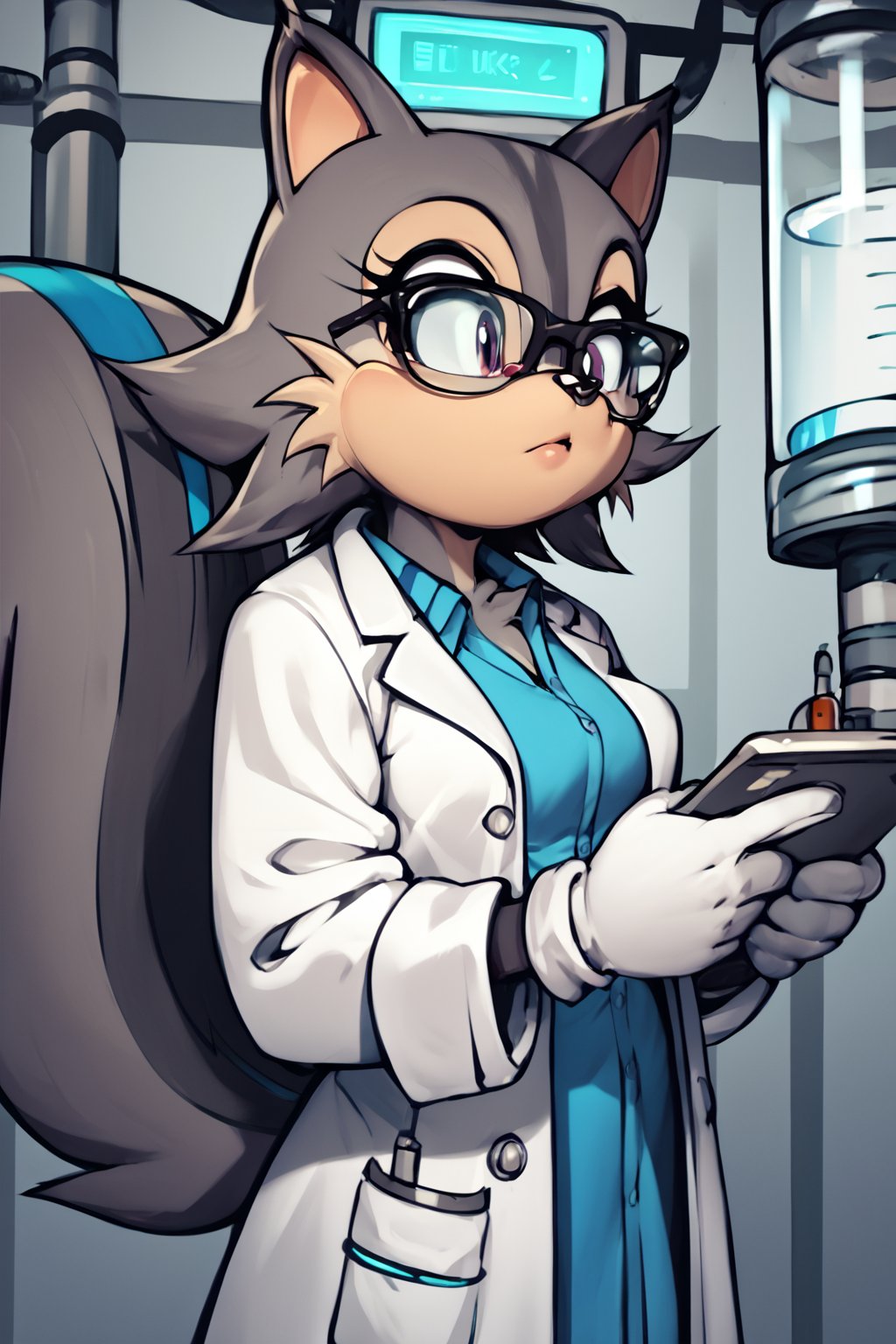 score_9, score_8_up, score_7_up, score_6_up, score_5_up, score_4_up, 1girl, anthro, squirrel girl (((grey fur with blue stripe, glasses, lab coat, white gloves))), tech lab, yuji uekawa