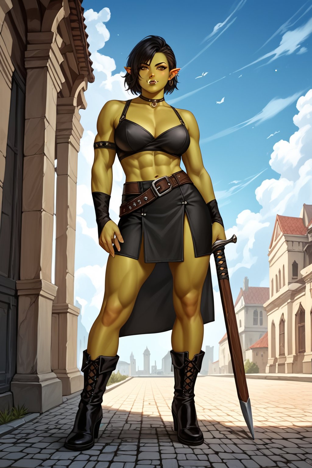 score_9, score_8_up, score_7_up, score_6_up, score_5_up, score_4_up,solo, orc girl, colored_skin, muscular, green_skin, yellow_eyes, dark hair, realistic, fantasy city, ,day,,AddXL, warrior robes, weapon, anime style,GoblinGrimgrim