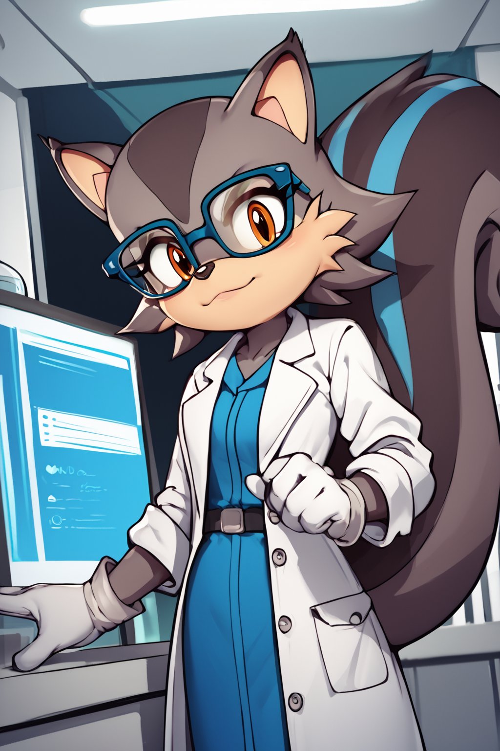 score_9, score_8_up, score_7_up, score_6_up, score_5_up, score_4_up, 1girl, anthro, squirrel girl, orange eyes, (((grey fur with blue stripe, glasses, lab coat, white gloves))), tech lab, yuji uekawa