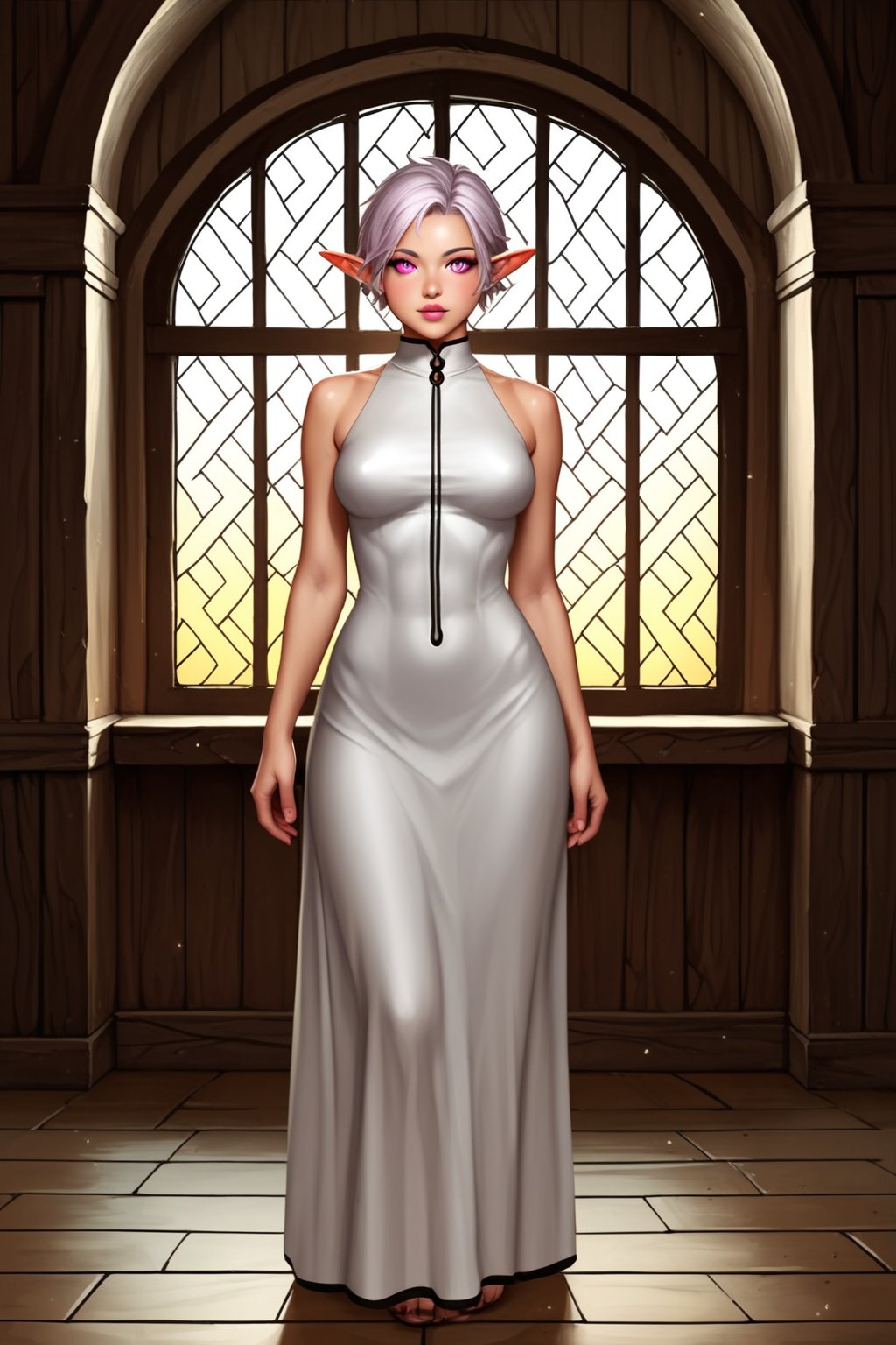 score_9, score_8_up, score_7_up, score_6_up, score_5_up, score_4_up,solo, elf girl, colored_skin, grey_skin, pink_eyes, short_hair, pale hair, realistic, indoors, cottage, ,night, fireplace,AddXL, GoblinGrimgrim, anime style,gsElf, pointy ears