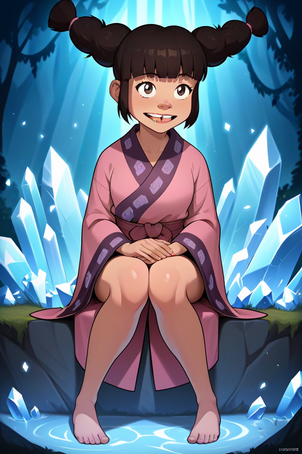 score_9, score_8_up, score_7_up, score_6_up, score_5_up, score_4_up,source_anime, 1girl,petite,Meng,buck_teeth,beige_skin,brown_eyes,kimono,sash,sitting, sexy,thighs,feet, crystal cavern, glowing crystals, 1girl,Meng,masterpiece,cartoon