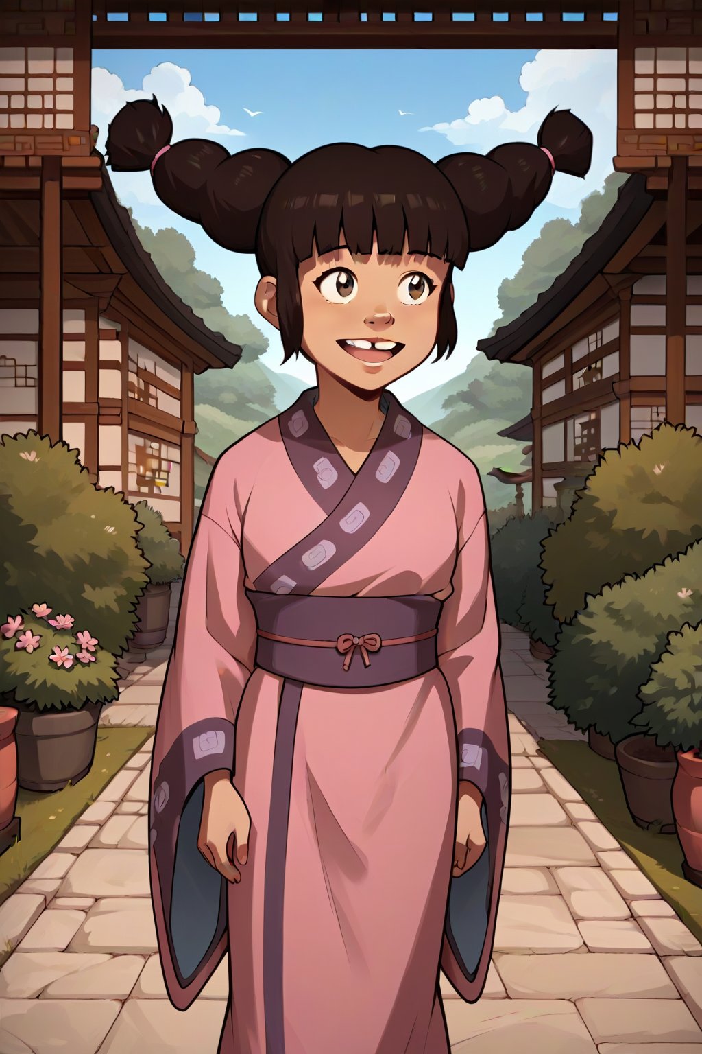 score_9, score_8_up, score_7_up, score_6_up, score_5_up, score_4_up,source_anime, 1girl,petite,Meng,buck_teeth,beige_skin,brown_eyes,kimono,sash,walking,garden,1girl,Meng,masterpiece,cartoon