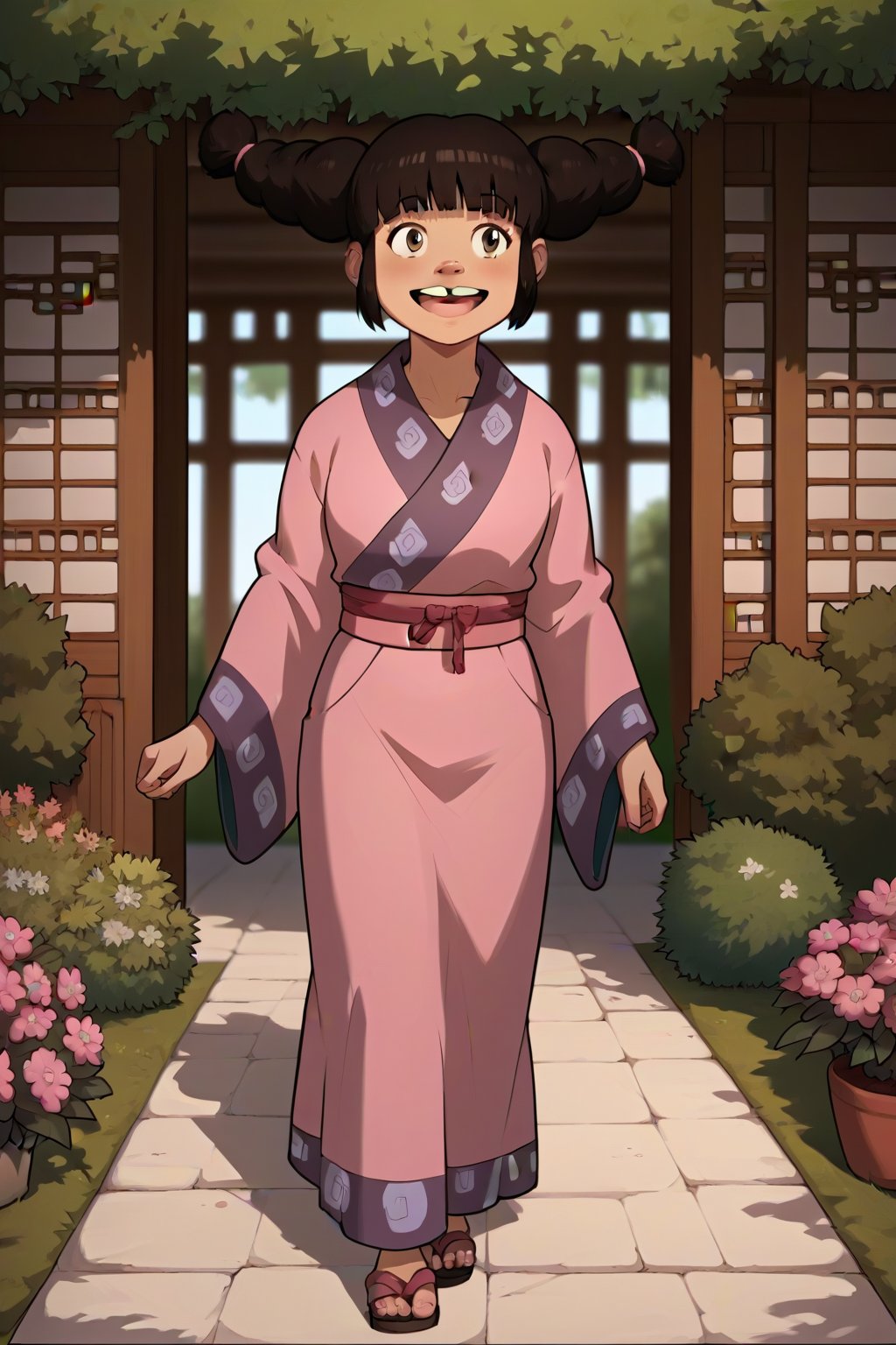 score_9, score_8_up, score_7_up, score_6_up, score_5_up, score_4_up,source_anime, 1girl,petite,Meng,buckteeth,happy,beige_skin,brown_eyes,kimono,sash,walking,garden,1girl,Meng,masterpiece,cartoon