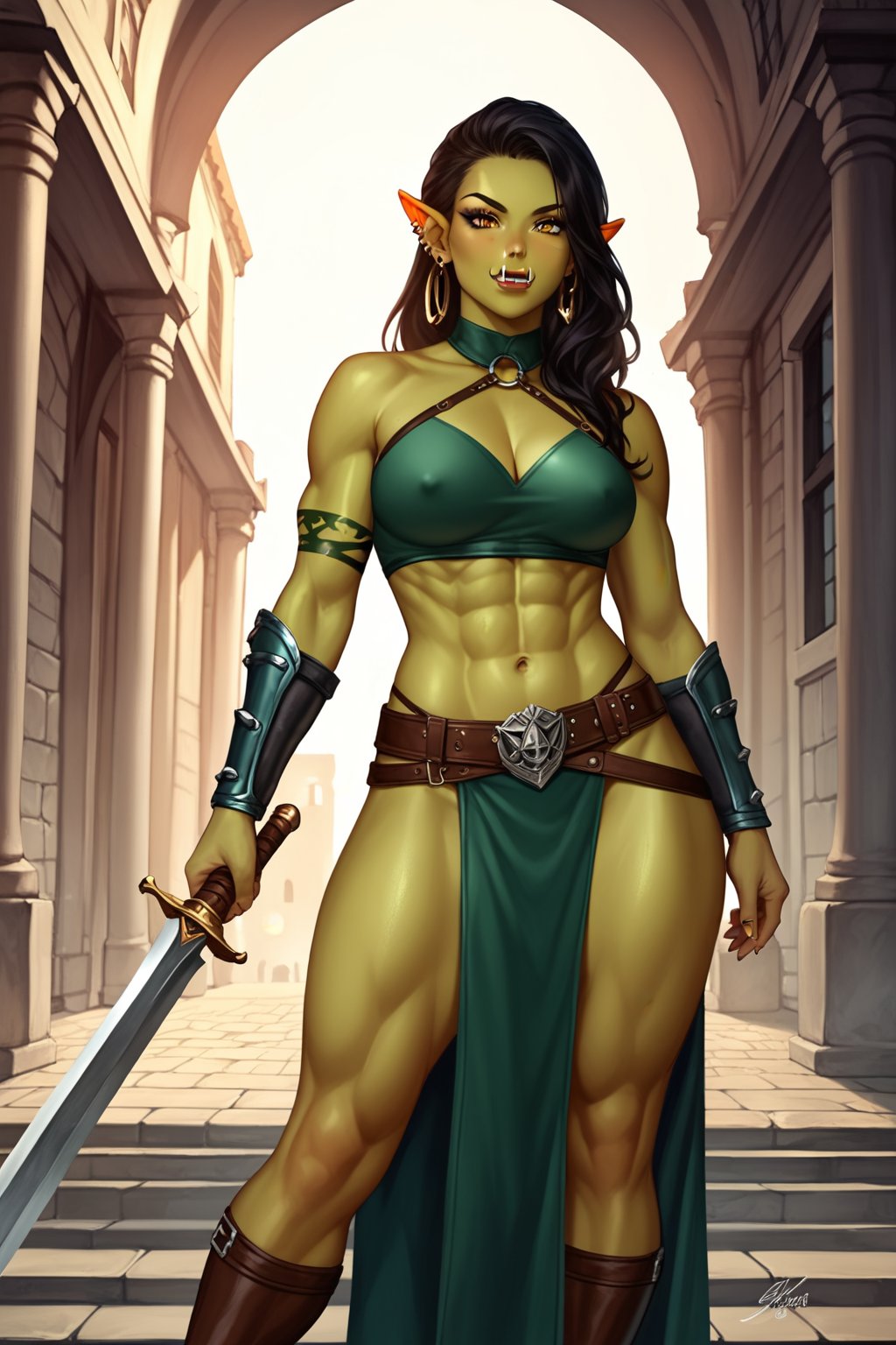 score_9, score_8_up, score_7_up, score_6_up, score_5_up, score_4_up,solo, orc girl, colored_skin, muscular, green_skin, yellow_eyes, dark hair, realistic, fantasy city, ,day,,AddXL, warrior robes, weapon, anime style,GoblinGrimgrim