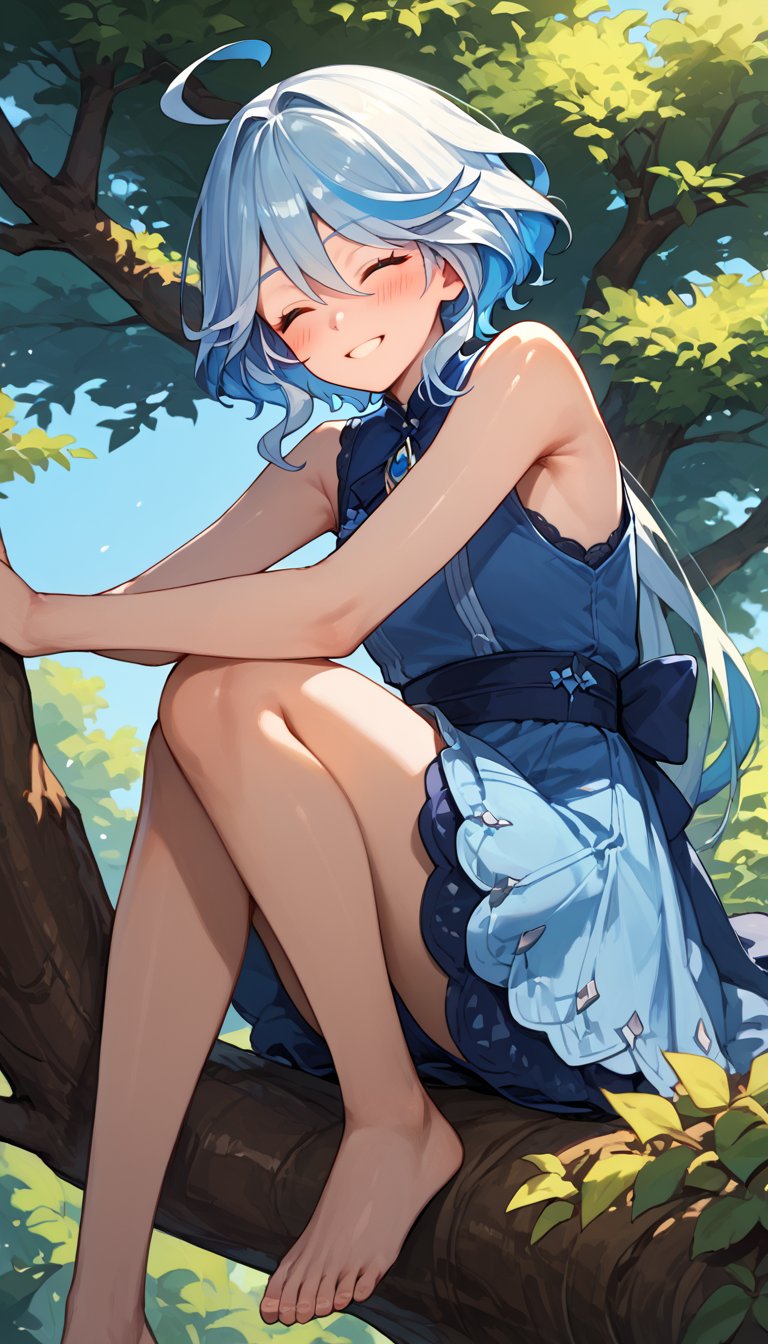 score_9, score_8_up, score_7_up, score_6_up, source_anime, BREAK (masterpiece), best quality, 1girl, wearing blue sleeveless dress, closed eyes, smile, blush, furinadef, ahoge, blue sleeveless gown furinarnd, sit on a tree, tree roots on her side,