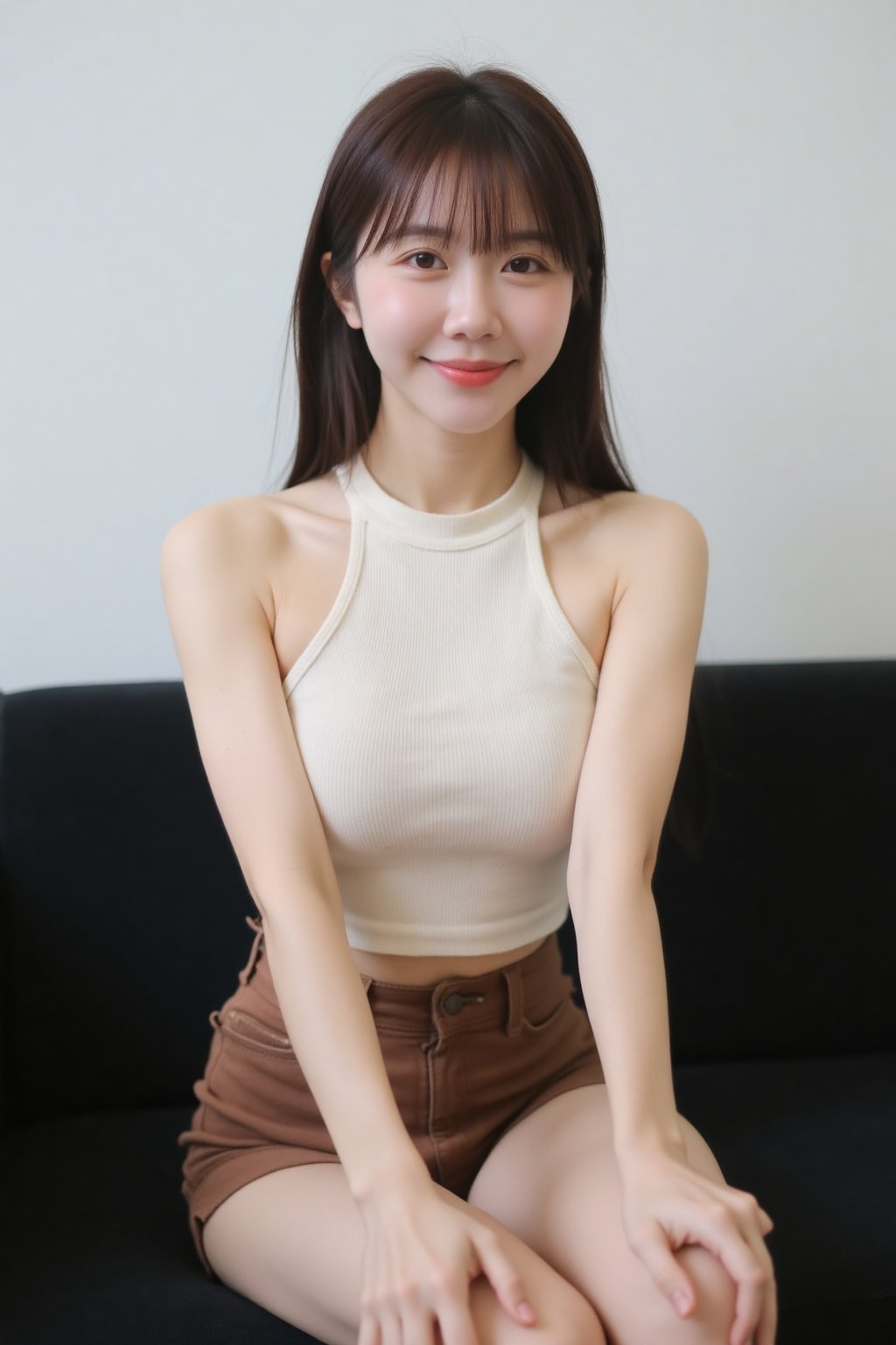 The image shows a young asian woman sitting on a black couch. She is wearing a cream-colored,  sleeveless,  ribbed top and...