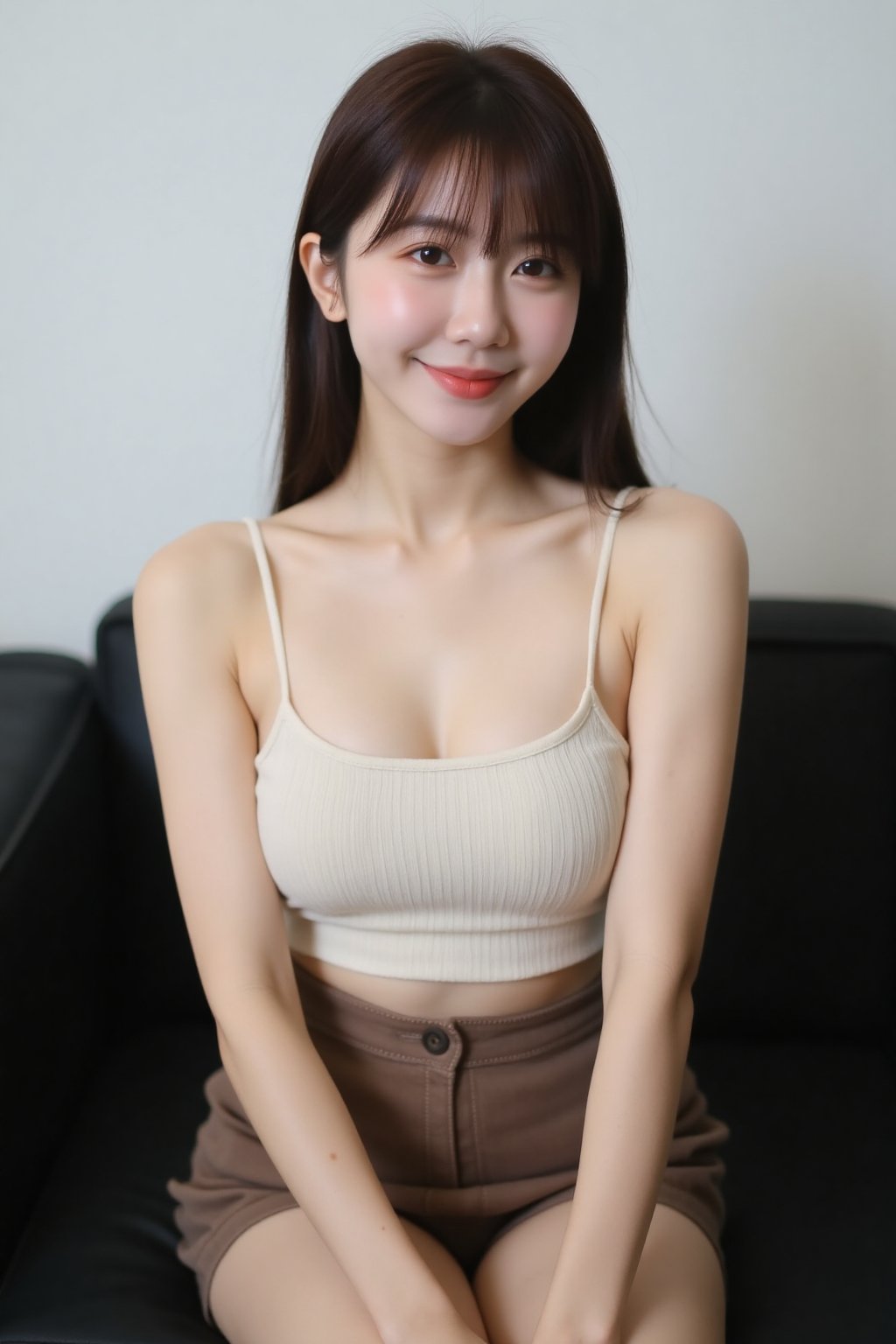 The image shows a young asian woman sitting on a black couch. She is wearing a cream-colored,  sleeveless,  ribbed top and...