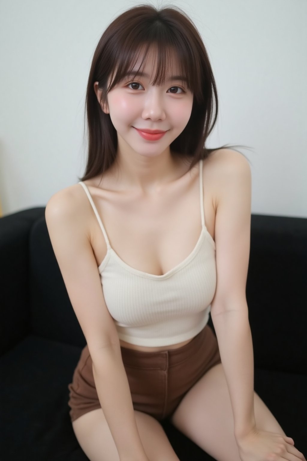 The image shows a young asian woman sitting on a black couch. She is wearing a cream-colored,  sleeveless,  ribbed top and...