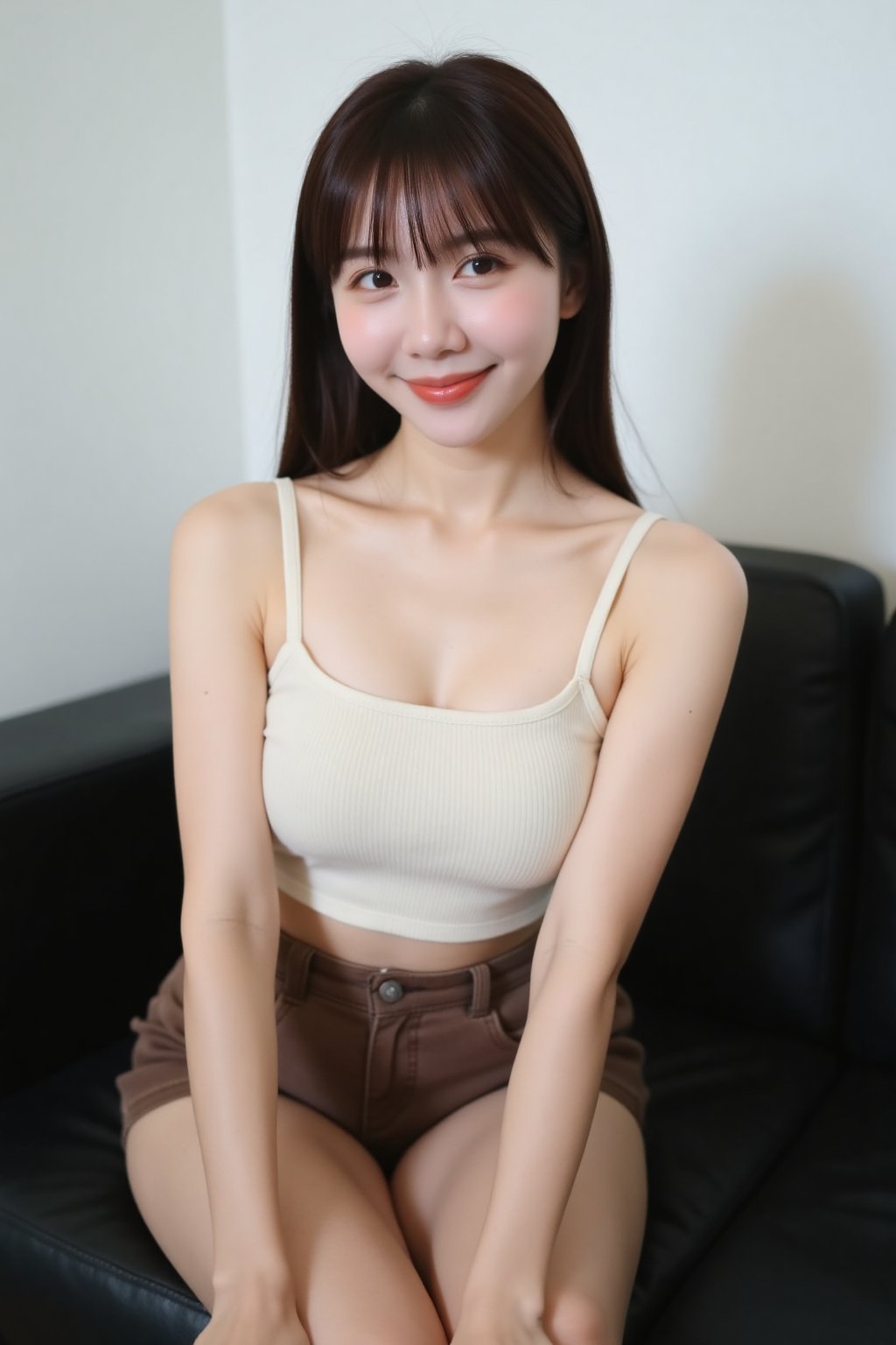 The image shows a young asian woman sitting on a black couch. She is wearing a cream-colored,  sleeveless,  ribbed top and...