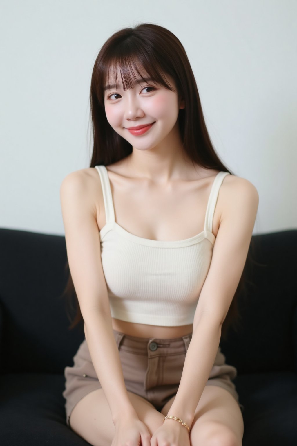 The image shows a young asian woman sitting on a black couch. She is wearing a cream-colored,  sleeveless,  ribbed top and...