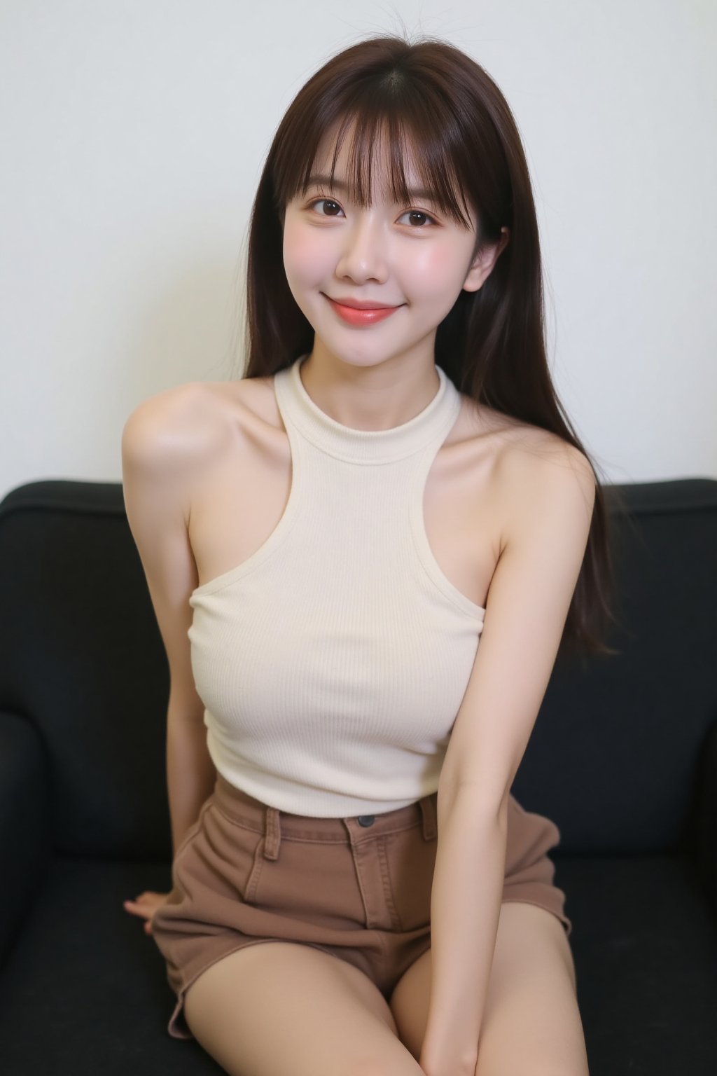 The image shows a young asian woman sitting on a black couch. She is wearing a cream-colored,  sleeveless,  ribbed top and...