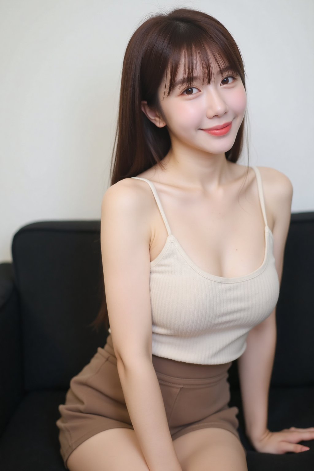 The image shows a young asian woman sitting on a black couch. She is wearing a cream-colored,  sleeveless,  ribbed top and...