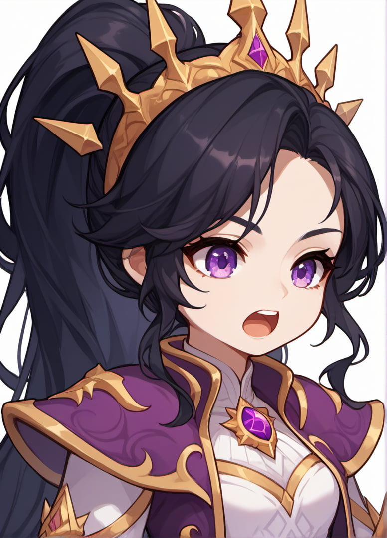 score_9, score_8_up, score_7_up, masterpiece,original,upper body,blank white background,1girl,solo,black hair, ponytail, long hair, Purple clothes,centre parting,maplestory style,Li-mingDG,open mouth,speaking,