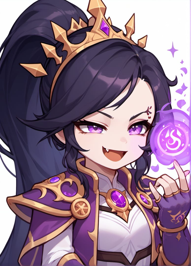 score_9, score_8_up, score_7_up, masterpiece,original,upper body,blank white background,1girl,solo,black hair, ponytail, long hair, Purple clothes,centre parting,(magic on hand,:1.4),maplestory style,Li-mingDG,(Gloves,smug,fang,look up,raised eyebrow:1.3),