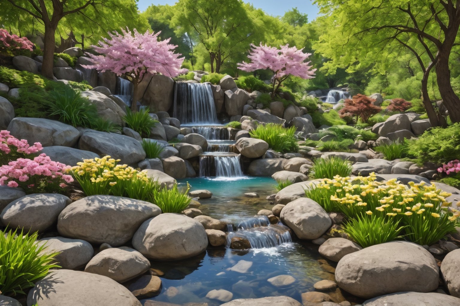 photo of a tranquil zen garden, calming scenery, trees, waterfall, flowers, rocks, spring, realistic, photorealistic, HDR, cinematic film still. no humans