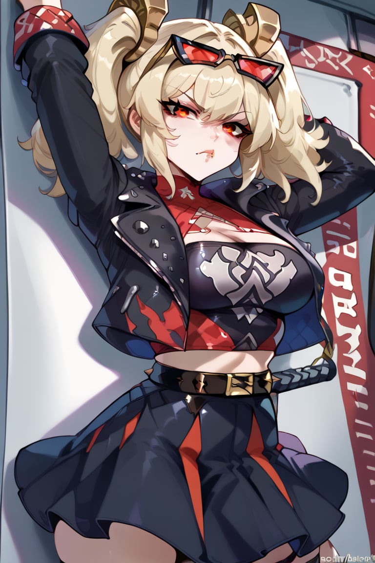 blonde pigtails, red eyes, black leather jacket, black skirt, arms up, mischievous expression