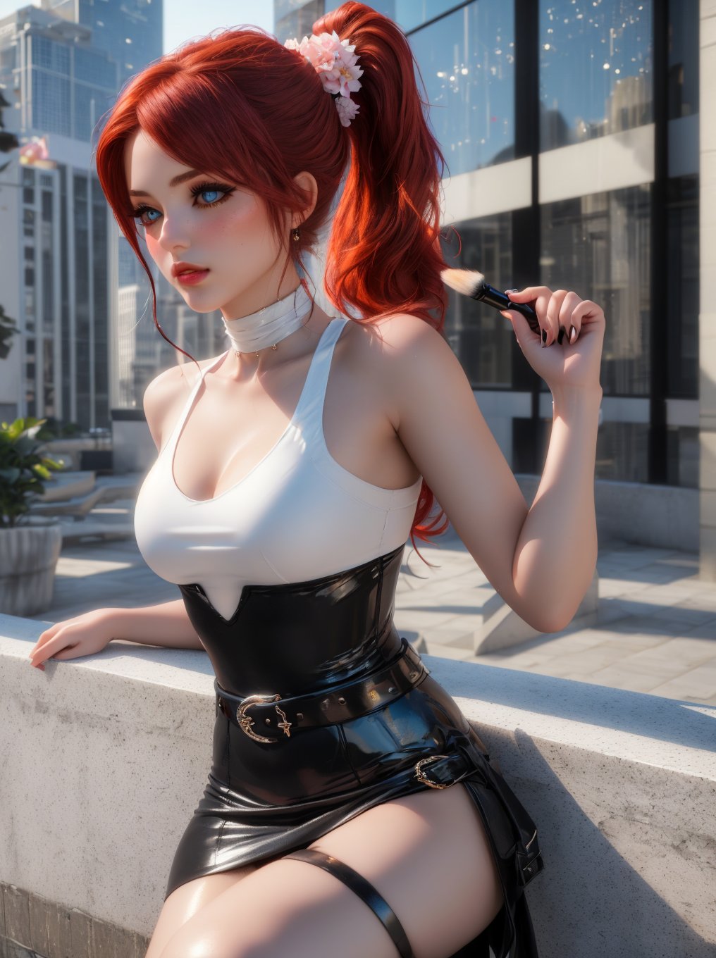 ((masterpiece, 3D, photography, RAW quality)), (beautiful young redhead girl with a perfect clean face and makeup), (gray eyes, clear and perfect pupil, photorealism), (hair tied in a ponytail), dress embellished with flowers, low-cut, black leather trim, black vinyl knee boots, evilla belt, jollas, glass building terrace, city