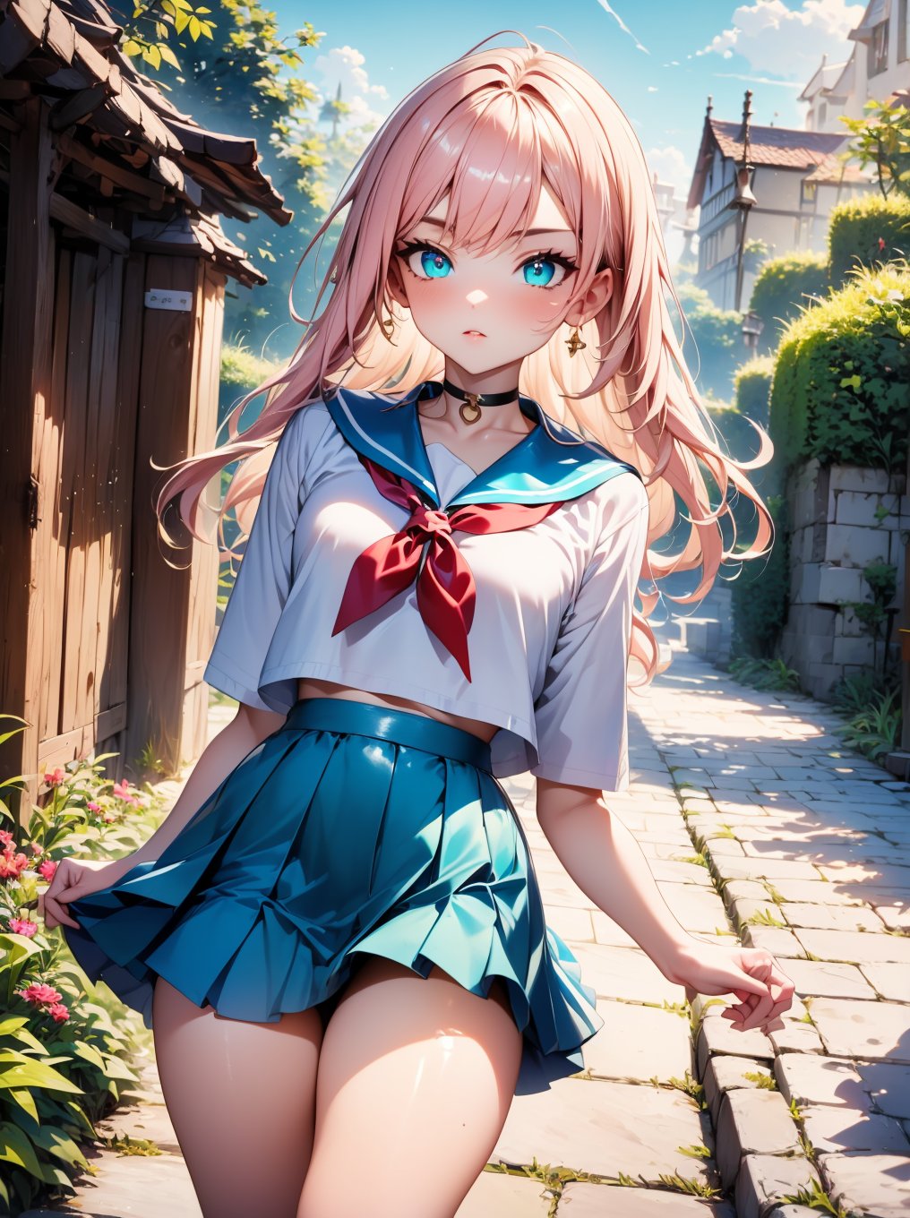 ((masterpiece, best quality, RAW photo, absurd, absurdresolution)), 21 years old, cute blonde, gorgeous, cyan eyes with perfect sharp pupil, metallic salmon pink hair, ((blue pleated short skirt, shirt, black thighs, leather choker, sailor style)), walking, hand raised, hand on waist, English garden posts, full view. high sensuality