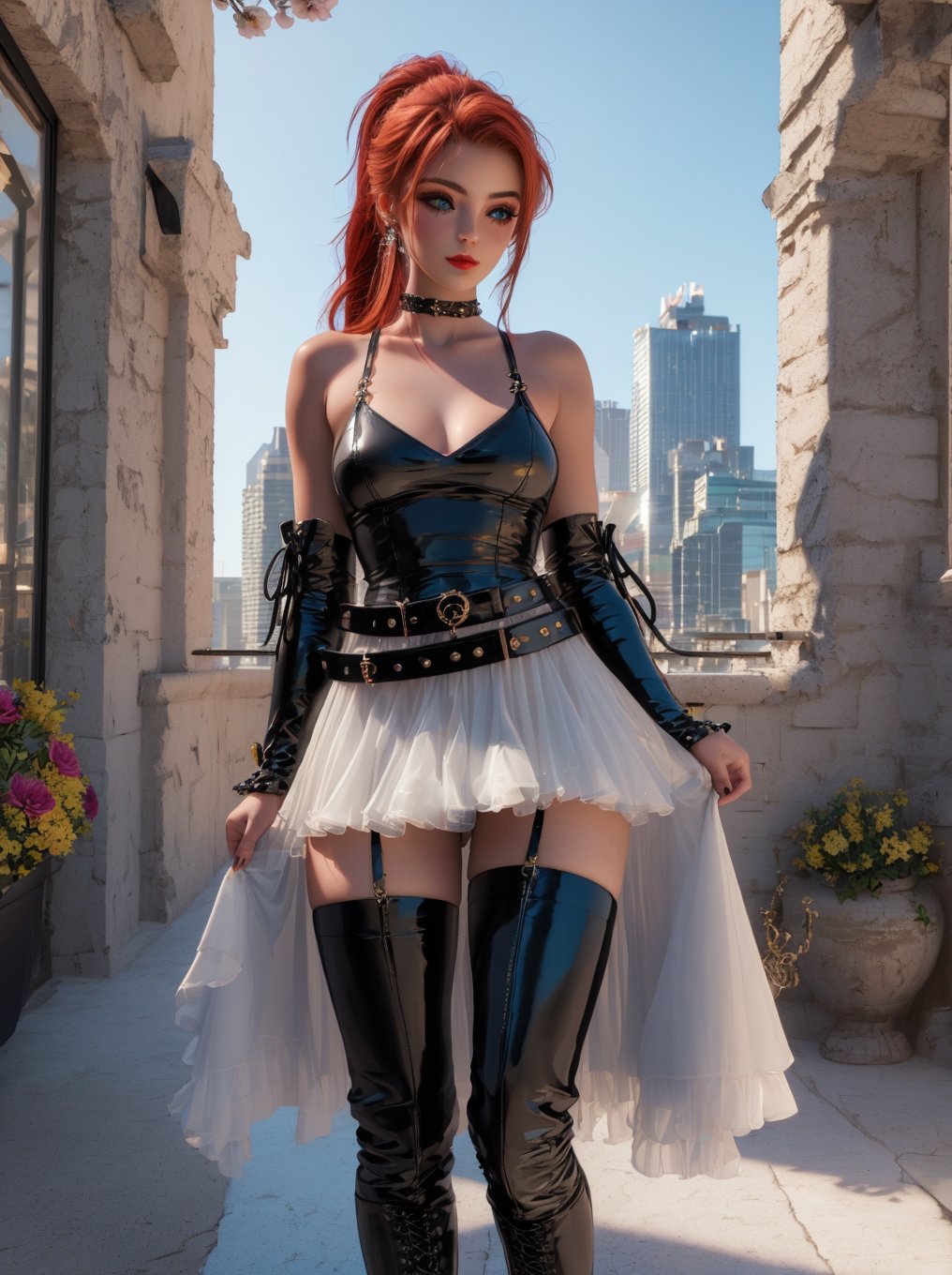 ((masterpiece, 3D, photography, RAW quality)), (beautiful young redhead girl with a perfect clean face and makeup), (gray eyes, clear and perfect pupil, photorealism), (hair tied in a ponytail), dress embellished with flowers, low-cut, black leather trim, black vinyl knee boots, evilla belt, jollas, glass building terrace, city