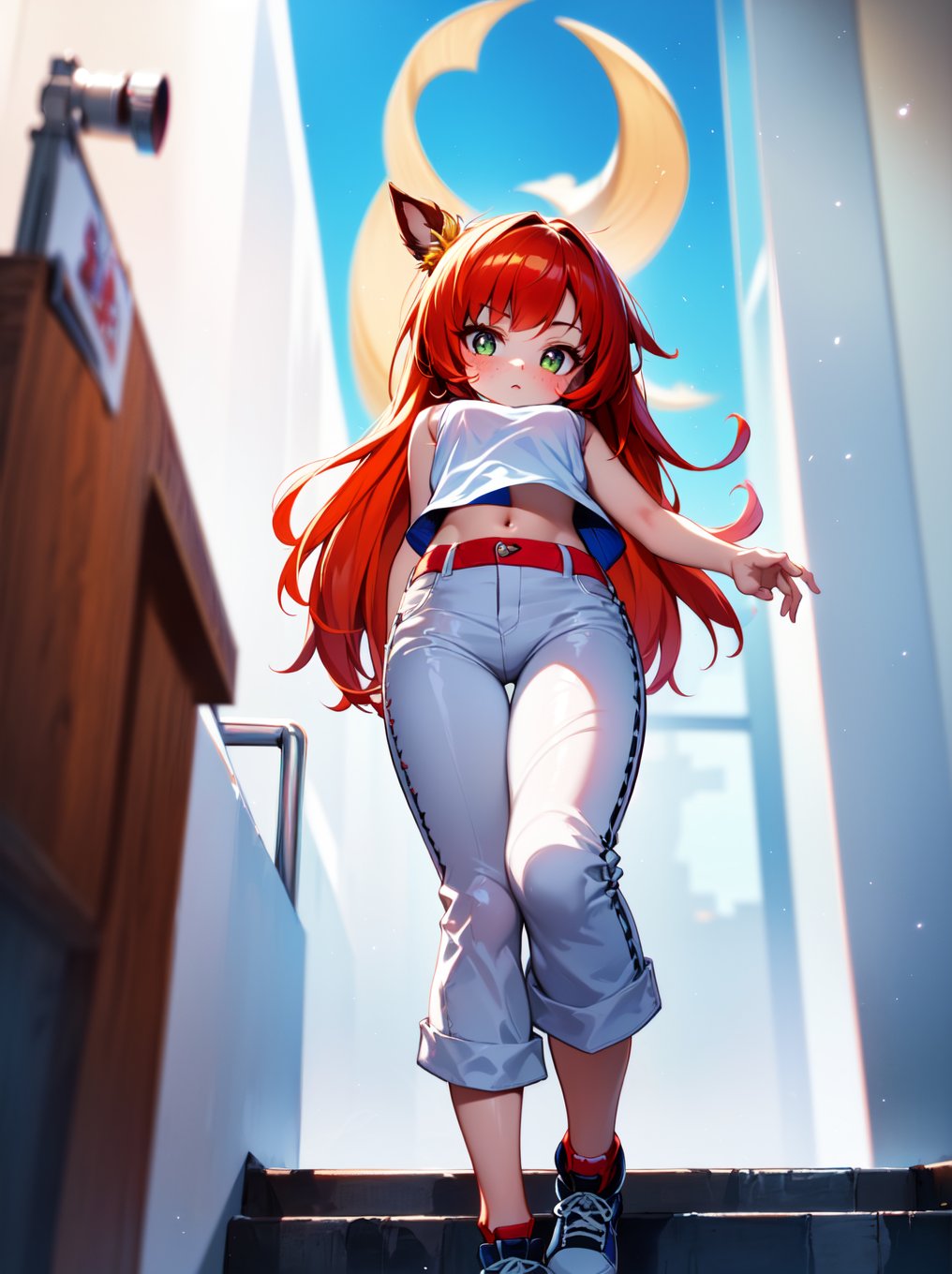 (RAW photo, absurd, absurdresolution, photography, clear image), ((21 years old)), cute freckled girl, pony, cute, (redhead, fringe with layers), (white low cut tank top, cropped pants, knees), (tight), walking down stairs, shiny steel railing, (she looking at camera, photo from below), daylight,