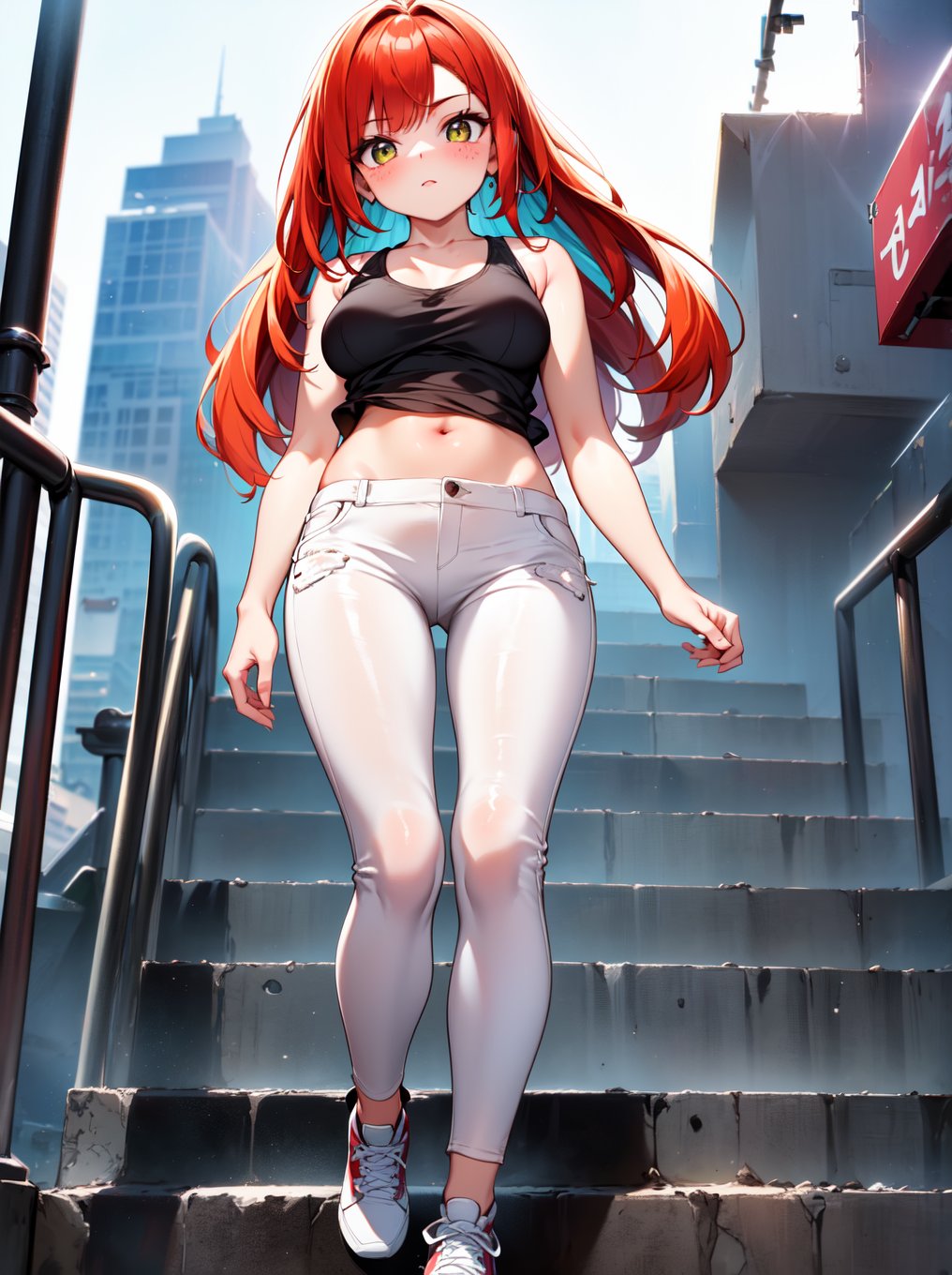 (RAW photo, absurd, absurdresolution, photography, clear image), ((21 years old)), cute freckled girl, pony, cute, (redhead, fringe with layers), (white low cut tank top, cropped pants, knees), (tight), walking down stairs, shiny steel railing, (she looking at camera, photo from below), daylight,