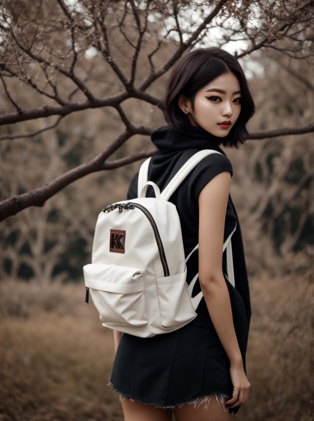 photorealistic, 1 girl, 21 years old, wearing K-Pop, black thighs, makeup, short bob, great quality, clear image, tree with dry branches in the background, RAW quality, backpack on the back, scarf,