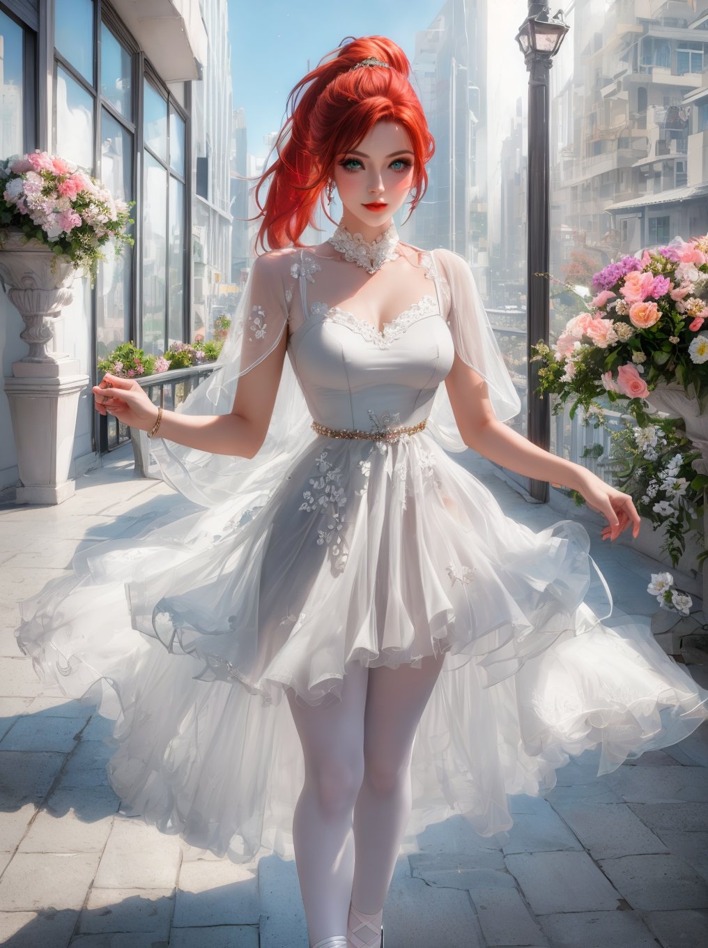 ((masterpiece, photography, RAW quality)), (redhead with a perfect clean face and makeup), (gray eyes, clear and perfect pupil), clarity of clean lines, (hair tied in a ponytail), ((white dress embroidered with flowers, low-cut, pastel colors, evilla belt), footwear: white ballet flats, jollas, glass building terrace, city