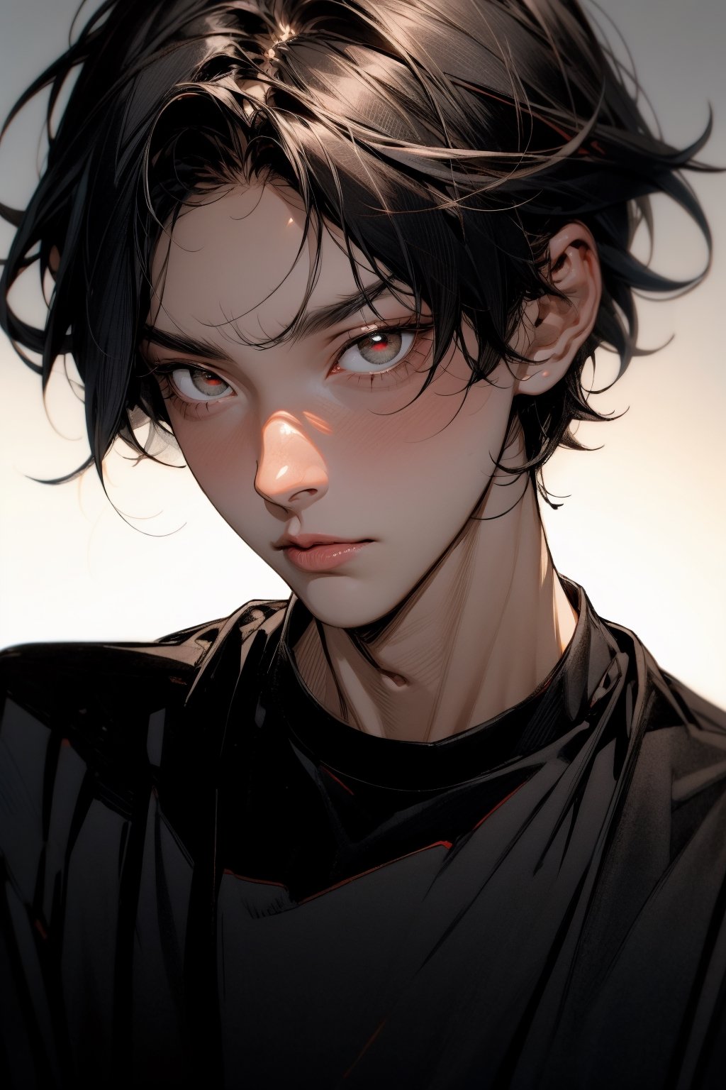 1boy ,Medium Close-up,black-hair,black pupil,loose tshirt,