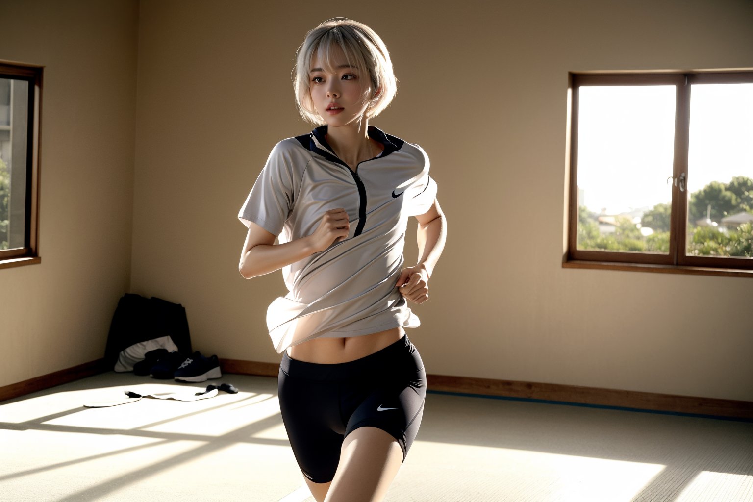 In the evening, Rei Ayanami was wearing sportswear, running and sweating indoors.
