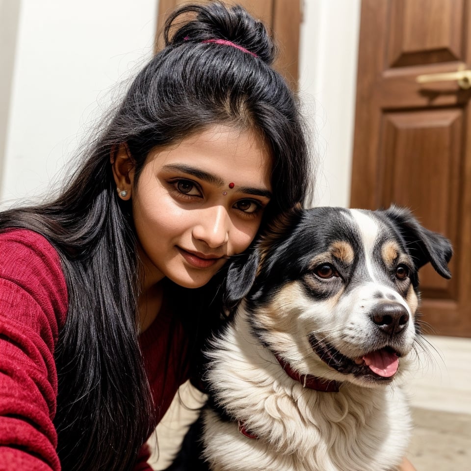 beautiful cute young attractive indian teenage girl, morden girl, 25 years old, cute,  Instagram model, long black_hair, colorful hair, warm, dacing, playing around at home with dog