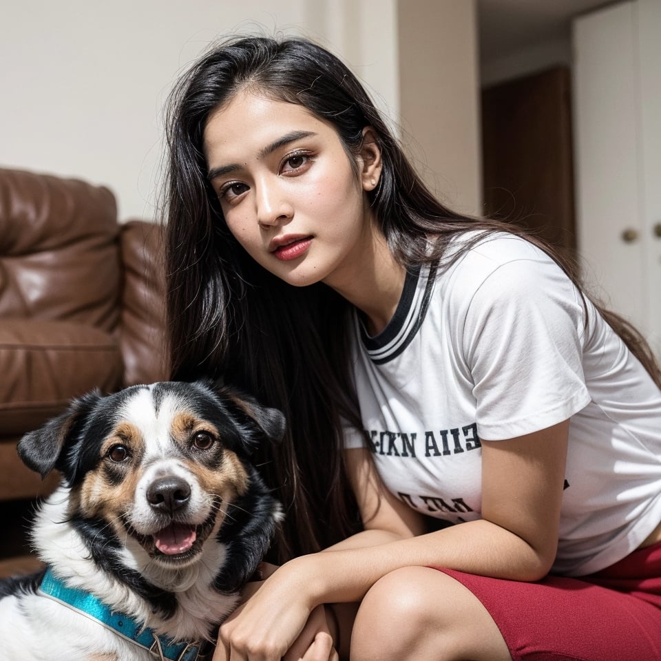 beautiful cute young attractive indian teenage girl, morden girl, 25 years old, cute,  Instagram model, long black_hair, colorful hair, warm, dacing, playing around at home with dog