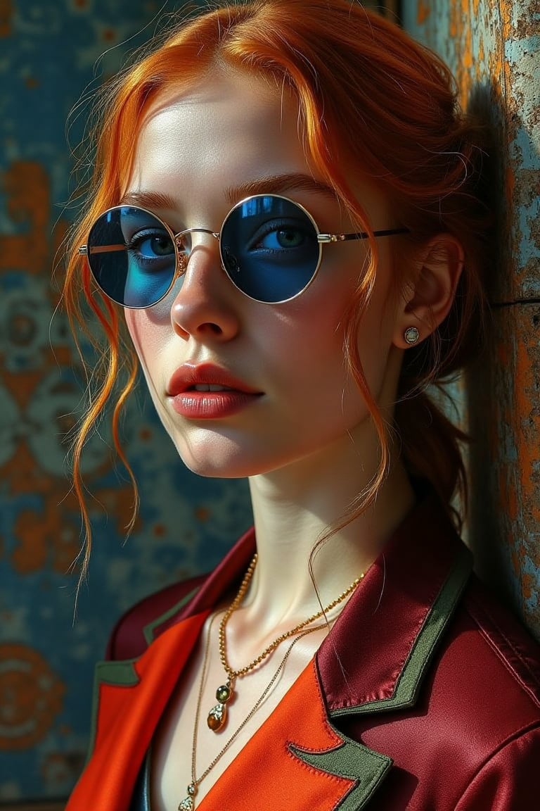 A hyper-detailed portrait captures a young woman with strawberry-blonde hair and regal features against a textured,  weath...