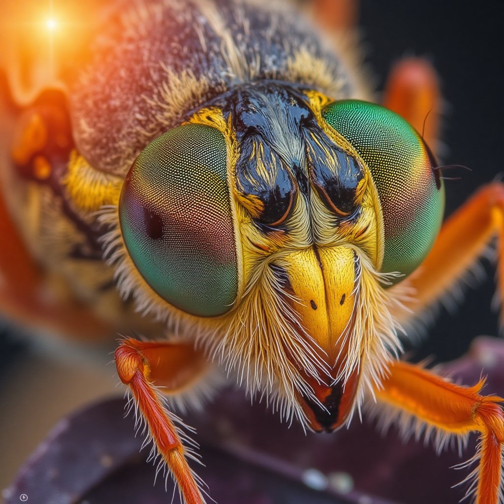 Score_9, score_8_up, score_7_up, magnificent macro photograph, extreme closeup, multifaceted insect eyes, sunrise lighting, Macro Photography Style Aperture, highly colorful, complimentary colors