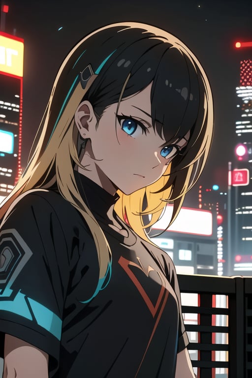 1girl, solo, long hair, bangs, blue eyes, blonde hair, shirt, black hair, closed mouth, upper body, multicolored hair,outdoors, two-tone hair, blue shirt,doomerboy, night, city,suzumura yu,cyberpunk