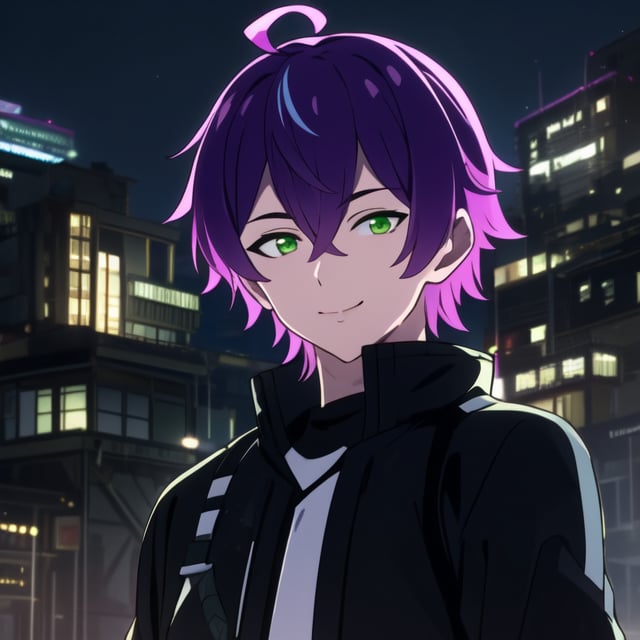 solo, looking at viewer, smile, bangs, shirt, purple hair, 1boy, hair between eyes, closed mouth, green eyes, jacket, upper body, ahoge, male focus, multicolored hair, outdoors, virtual youtuber, black jacket, night, building