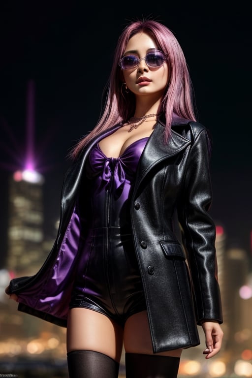 score_7_up, Realistic full photo, full body, Black haired woman, ((pink hair tones)), ((purple hair tones)), long hair, fluttering hair, in full growthin beautiful young 18 years old, beautiful, makeup, elegant, neckless, earing, backgroud night city with lights, wearing a black and purple gymnastic suit, black leather overcoat, sunglasses, ((levitating above ground)), pose, photorealistic,Tzuyu, pose, photorealistic,Tzuyu, detailed face, whole body, trending on artstation, sharp focus, studio photo, intricate details, highly detailed, more detail XL, hyper detailed, realistic, oil painting,, cinematic lighting, detailed face, whole body, photo of perfecteyes eyes, sexy pose), masterpiece, UHD, realism, realistic, depth of field, wide view, raytraced, full length body, mystical, luminous, high resolution, sharp details, translucent, beautiful