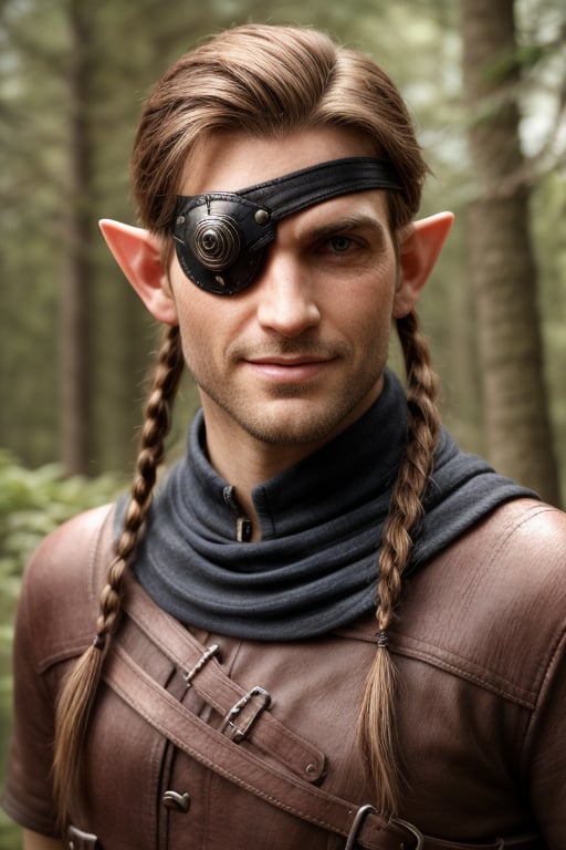 score_7_up, Realistic full photo, ((full body)), slender body, male elf, elven features, 40 yers old male elf, ((facial stubble)), toned, perfect eyes, green eyes, sunkissed skin, ((eyepatch covering right eye)), brown and red hair tied back with braids, smile, dynamic, wearing traveler outfit, illuminated fantasy forest, ((running)), highly detailed, pose, photorealistic, sharp focus, Fantasy, eyepatch, Masterpiece