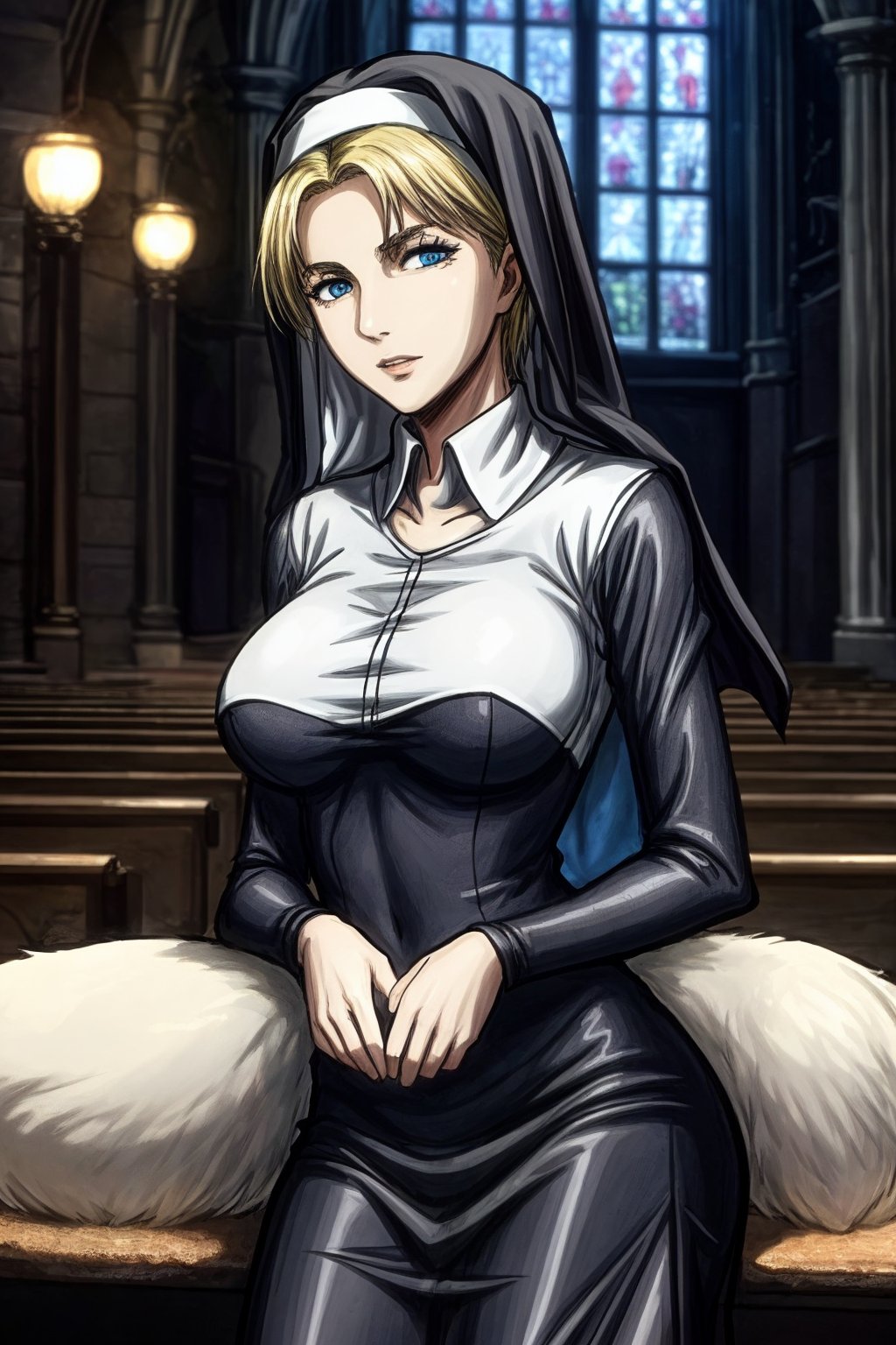 masterpiece, very detailed, nanaba, 1 girl, in a church, dressed as a nun, large breasts, short blonde hair shaved on the sides, mature woman, dressed as a nun, dressed in white or black, blue eyes, Def versia*,