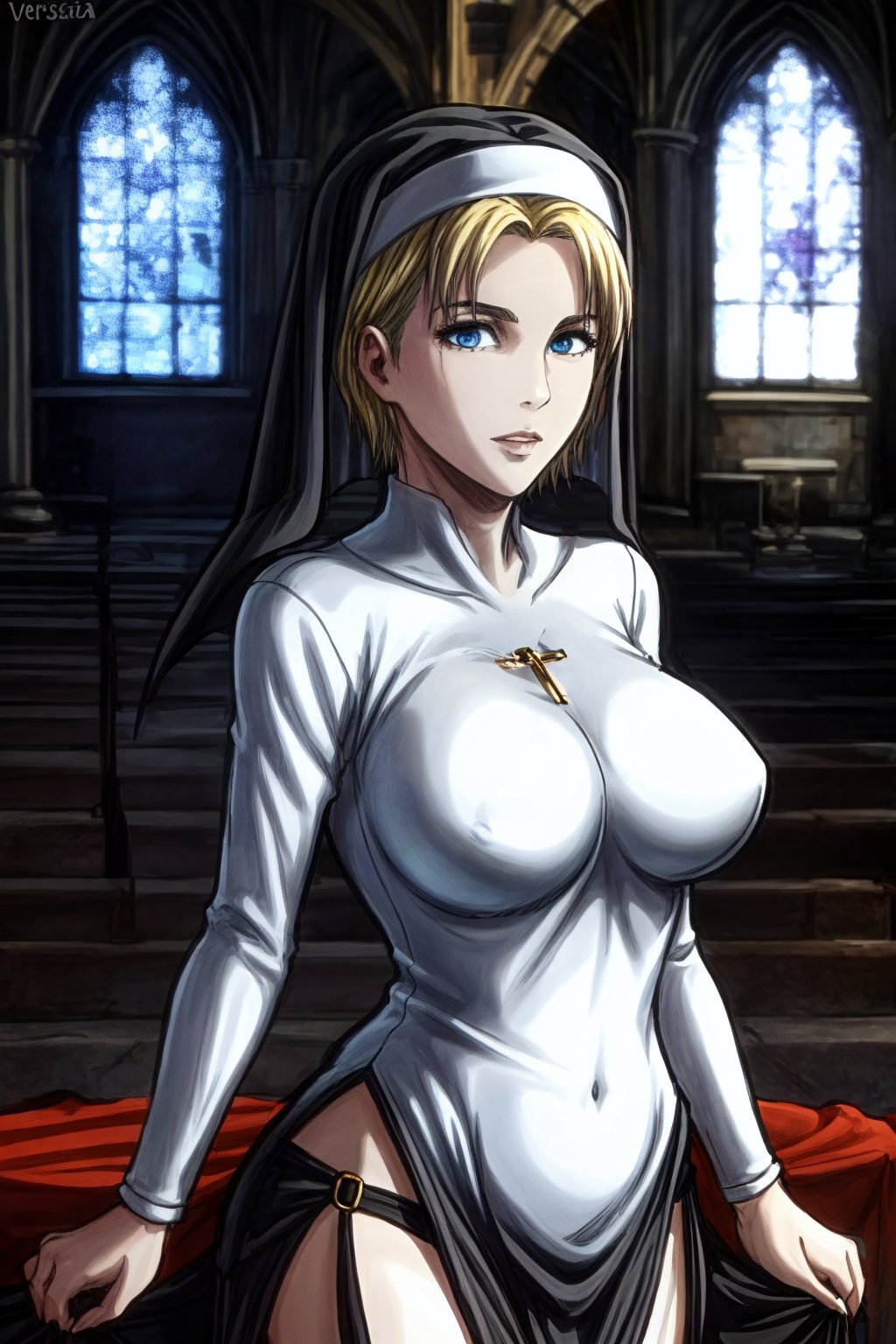 masterpiece, very detailed, nanaba, 1 girl, in a church, dressed as a nun, large breasts, short blonde hair shaved on the sides, mature woman, dressed as a black or white nun, blue eyes, Def versia*