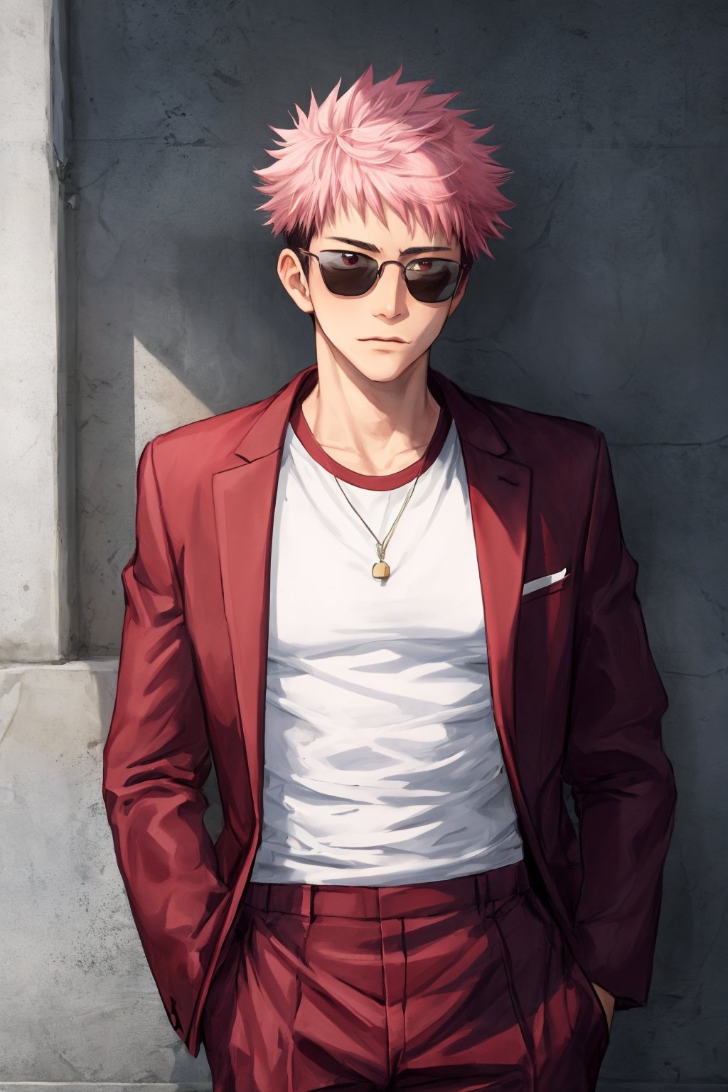 yuji itadori, alone, 1 boy, pink hair, short hair shaved on the sides, wearing 1 elegant pink suit, muscular, with sunglasses, ,itadori yuuji,spiked hair,short hair,undercut,facial mark