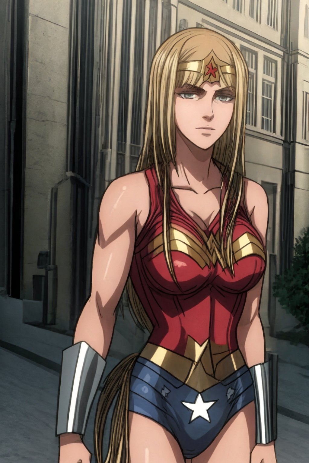 1 girl, alone, a city, on the street, masterpiece, very detailed, blonde, long hair Lora de Ymir, soft smile, wearing, the costume, wonder woman,wonder2, big breasts, 